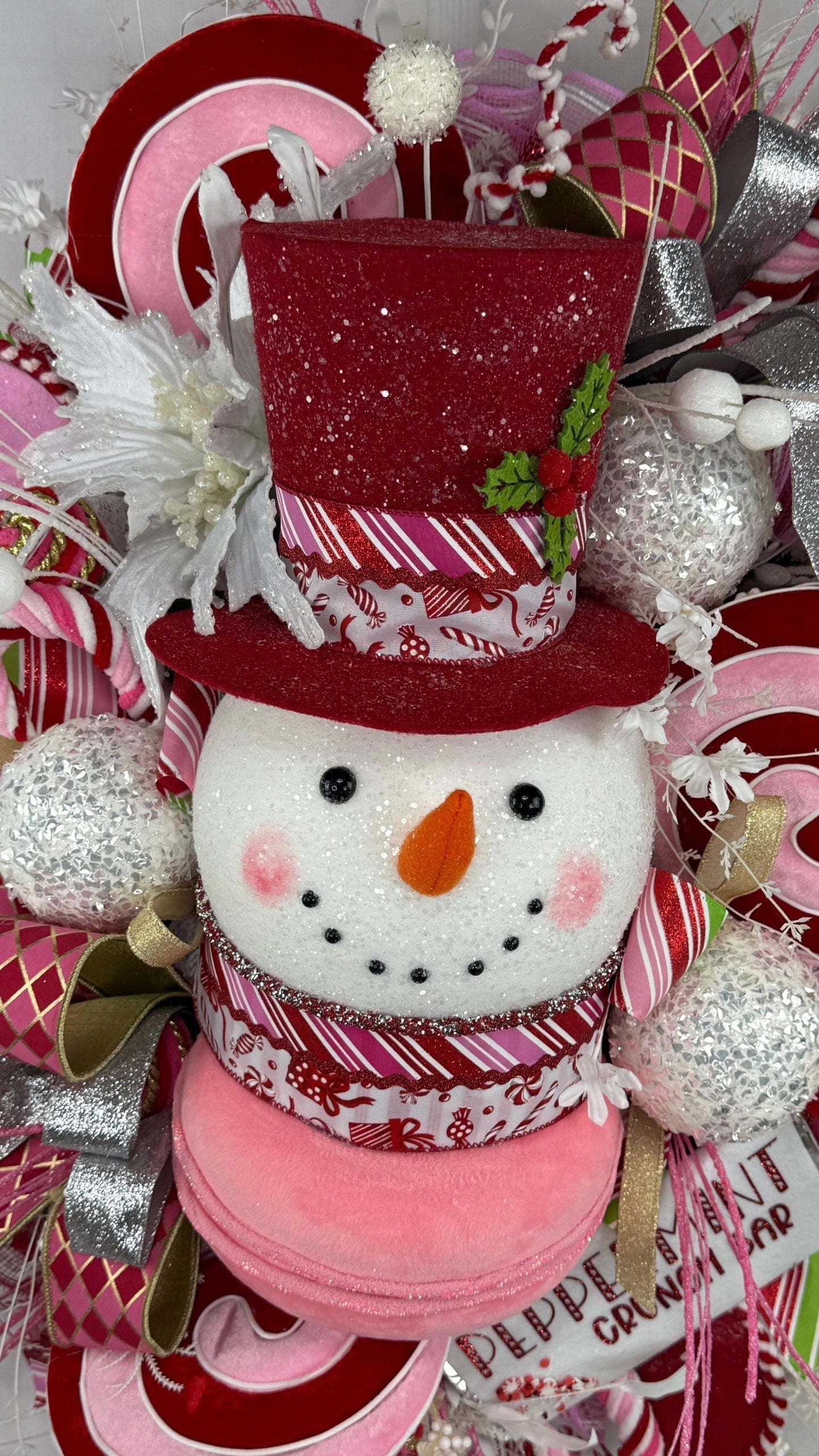 Snowman Wreath Peppermint Candy, Pink and Red Winter Decor, Holiday Hosting Decor