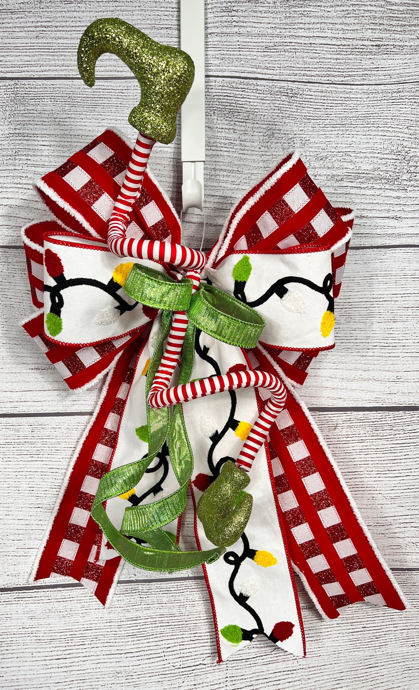 Christmas Red White Green Holiday Bow, Tree Topper with Elf Legs, Glitter Plaid Mailbox Decoration