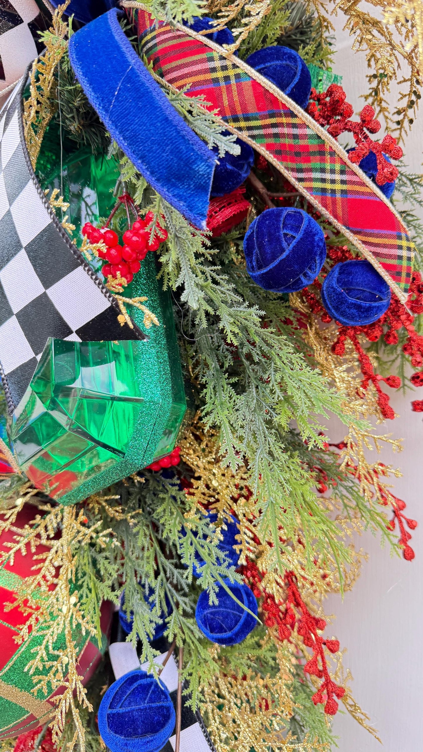 Oversized Luxury Christmas Swag with Velvet Accents, Jewel Details & Elegant Greenery