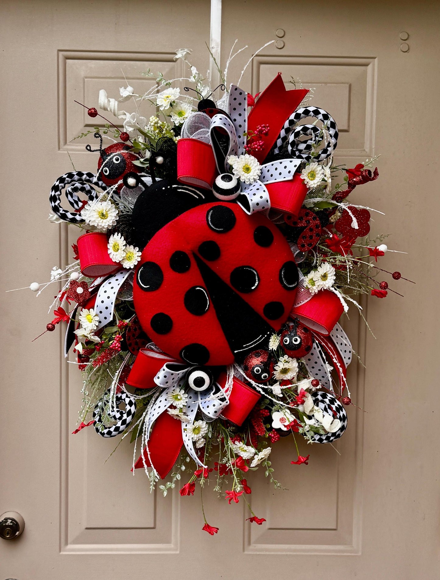 Ladybug Wreath: Red, Black & White Ribbons, Summer Door Decor