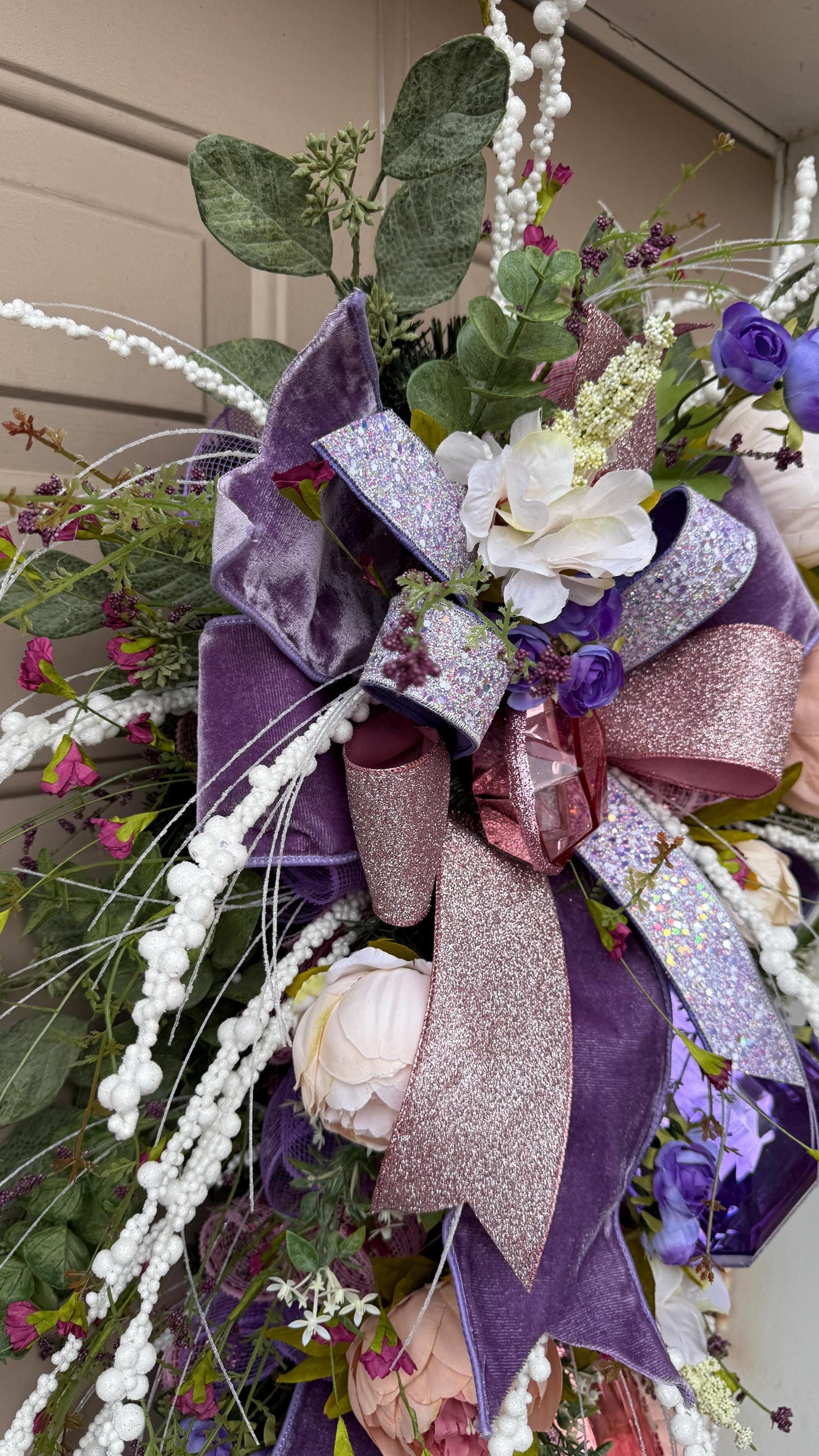 Floral Swag: Purple, Blush Roses & Gem Accents - Luxury Home Decor