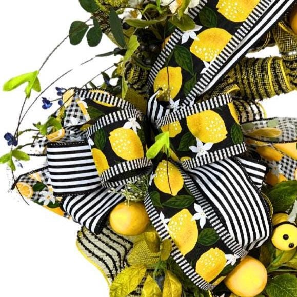 Black and Yellow Bee Wreath with Lemon Accents, Front Door Decor, Black and Yellow Bow