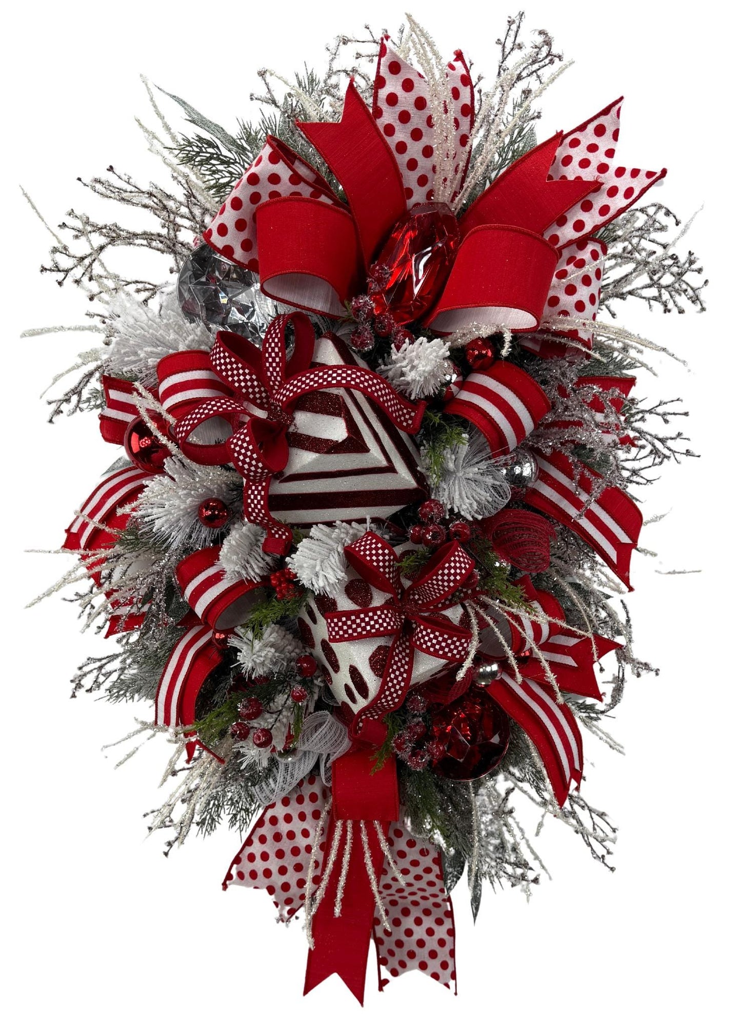 Red and White Christmas Wreath with Polka Dots, Gift Boxes, and Luxe Ribbon, Over the top Christmas Wreath, Winter Wreath, Jewel Wreath
