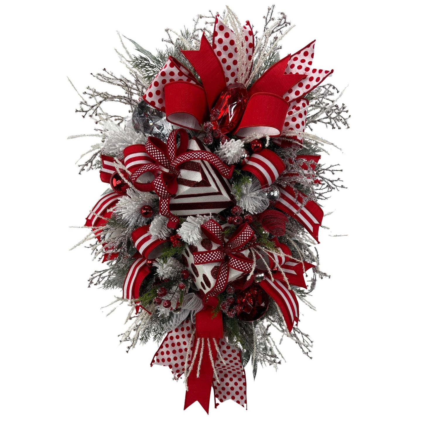 Red and White Christmas Wreath with Polka Dots, Gift Boxes, and Luxe Ribbon, Over the top Christmas Wreath, Winter Wreath, Jewel Wreath