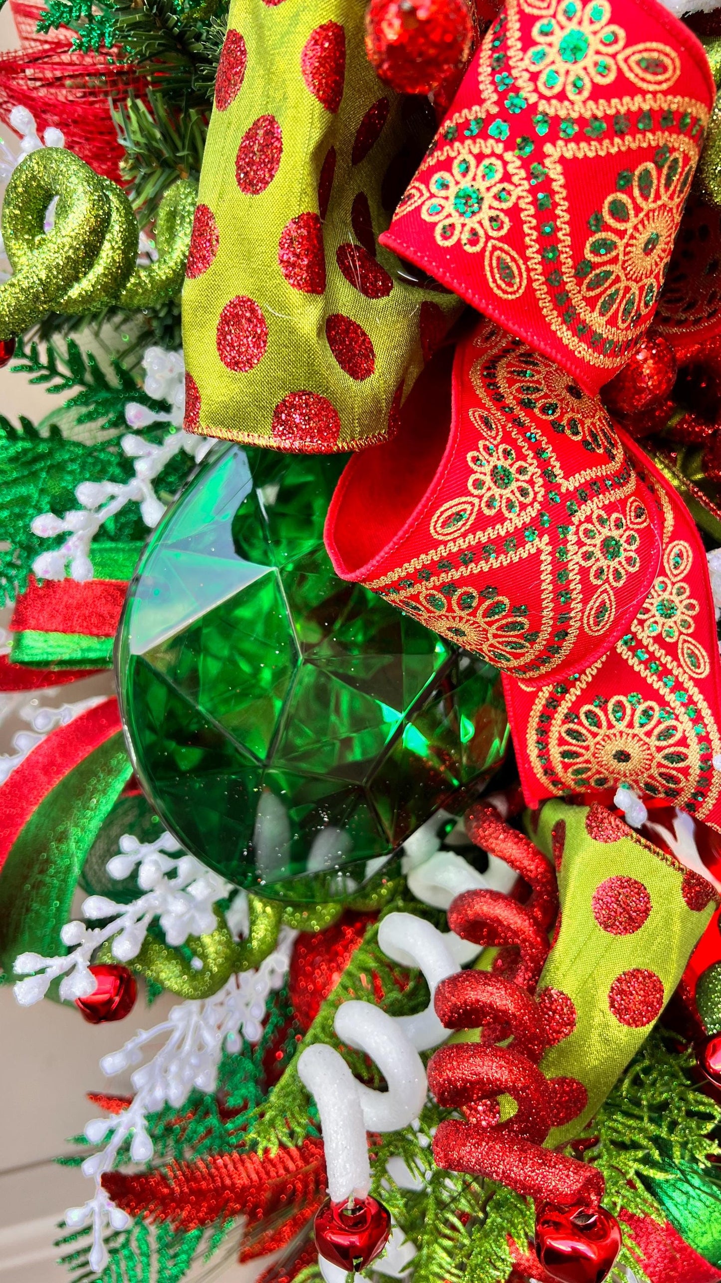 Red and Green Christmas Swag with Ornaments, Holiday Door Swag, Front Door Christmas Decor