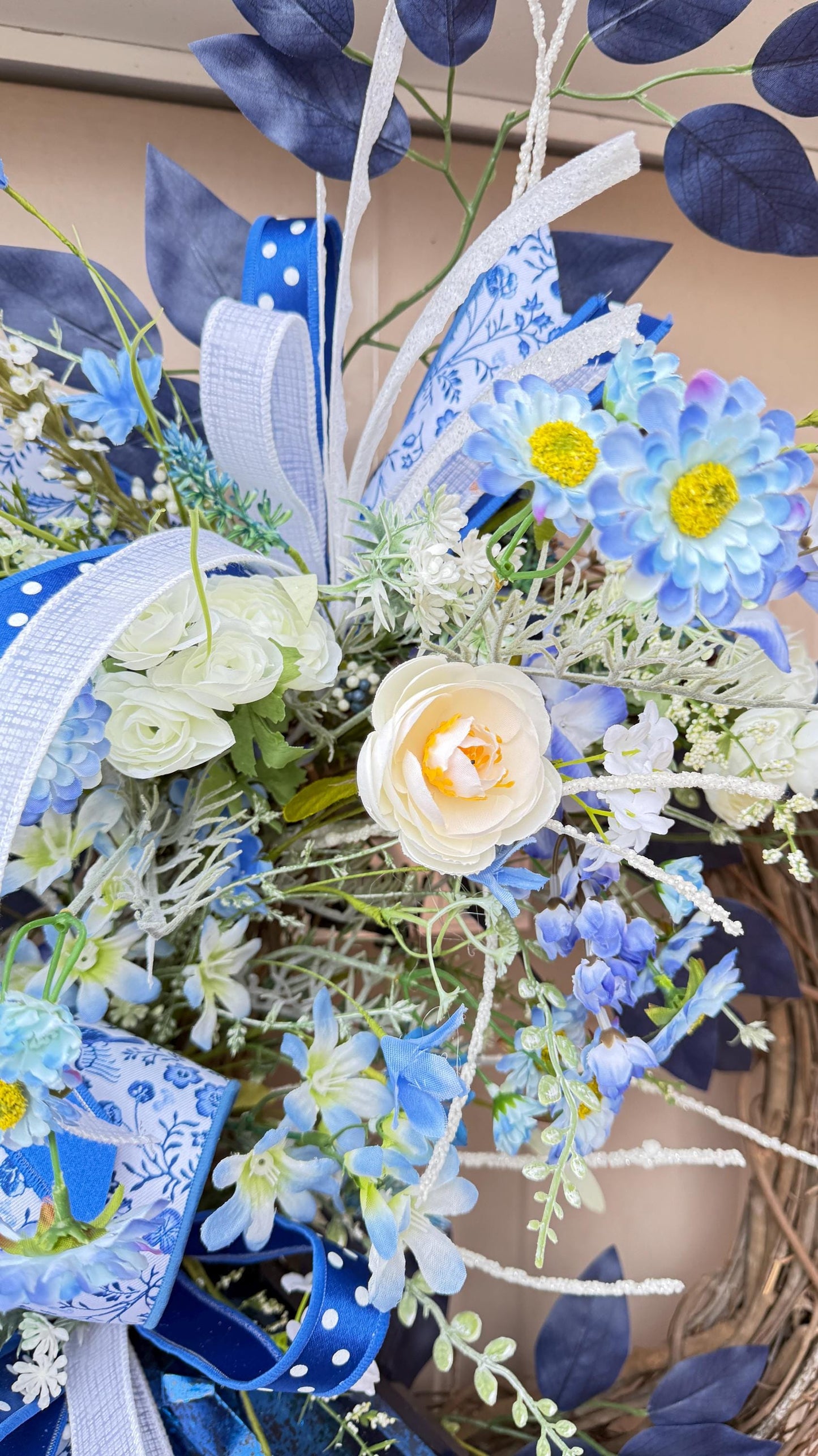 Blue Floral Wreath: French Countryside Decor, Silk Roses (24 inch)