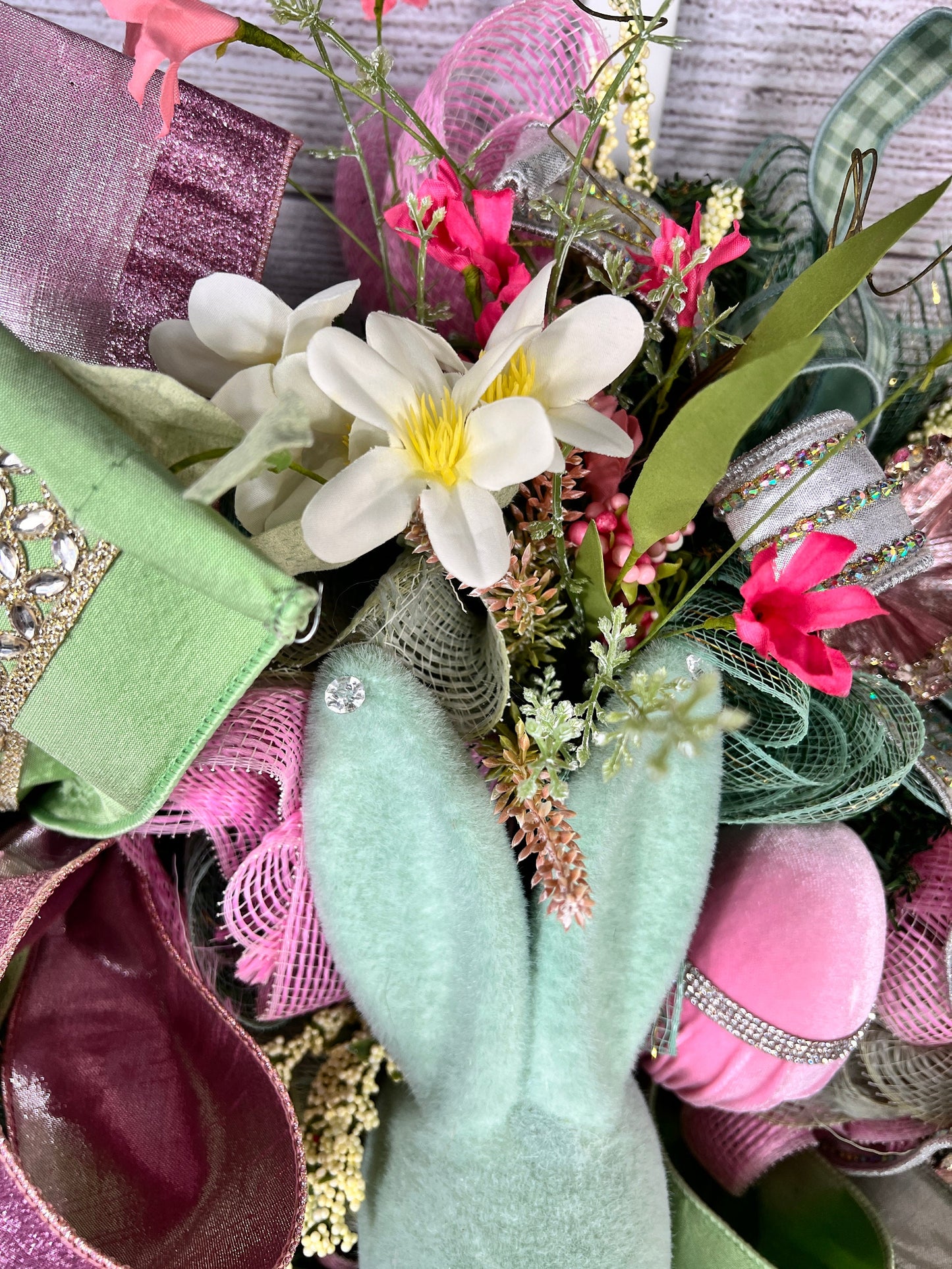 Flocked Bunny Easter Wreath: Handmade Spring Floral Door Decor