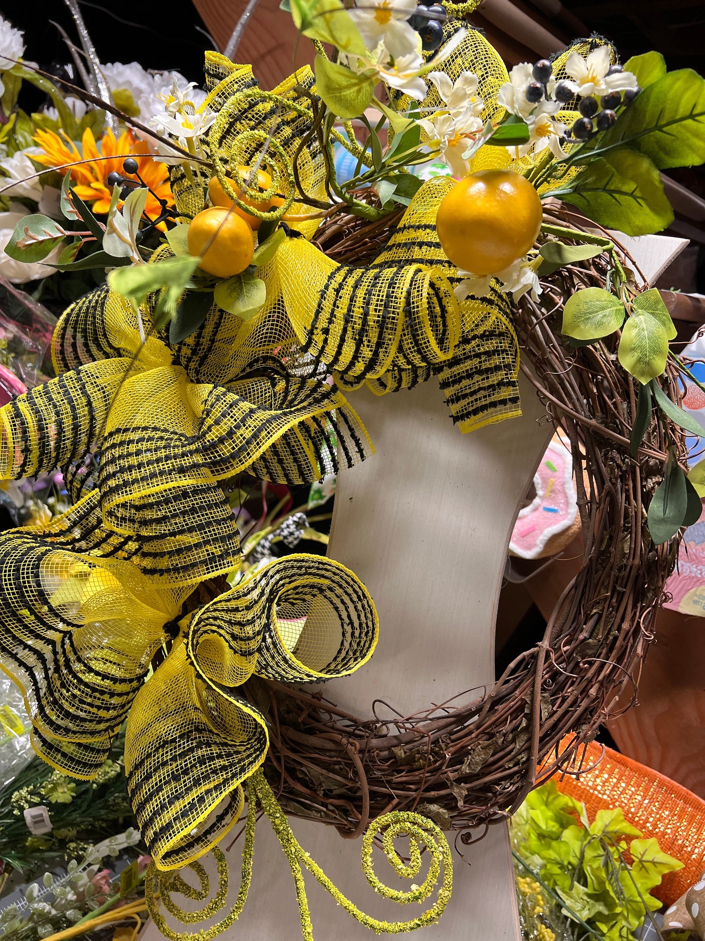 Black and Yellow Bee Wreath with Lemon Accents, Front Door Decor, Black and Yellow Bow