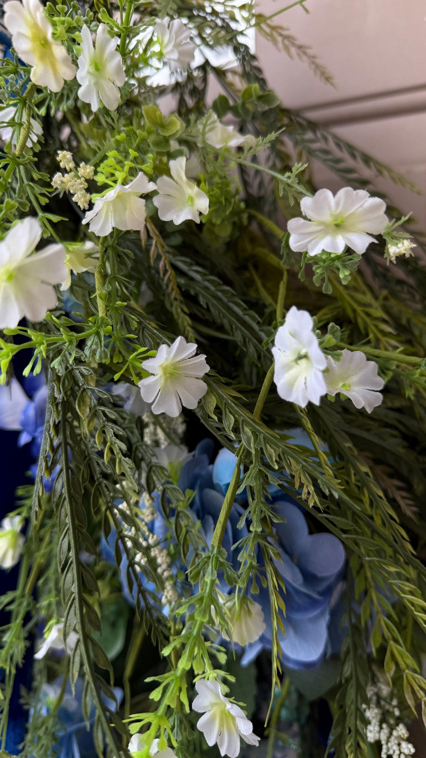 Blue Hydrangea Wreath: XL Moss Base, Chinoiserie Ribbon Door Decor