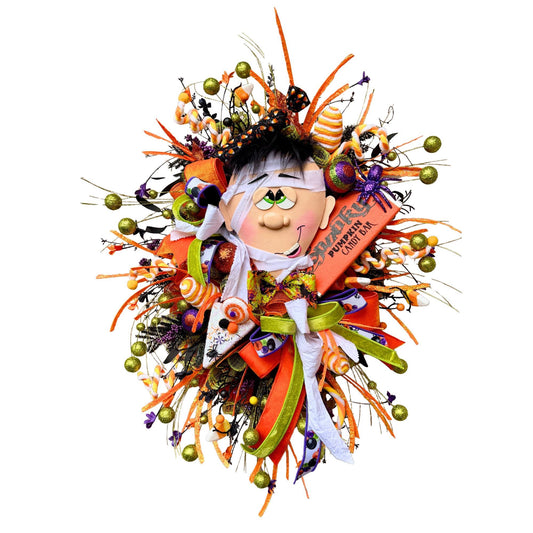 Mummy Halloween Wreath: Handmade Deco Mesh, Candy Corn Decor
