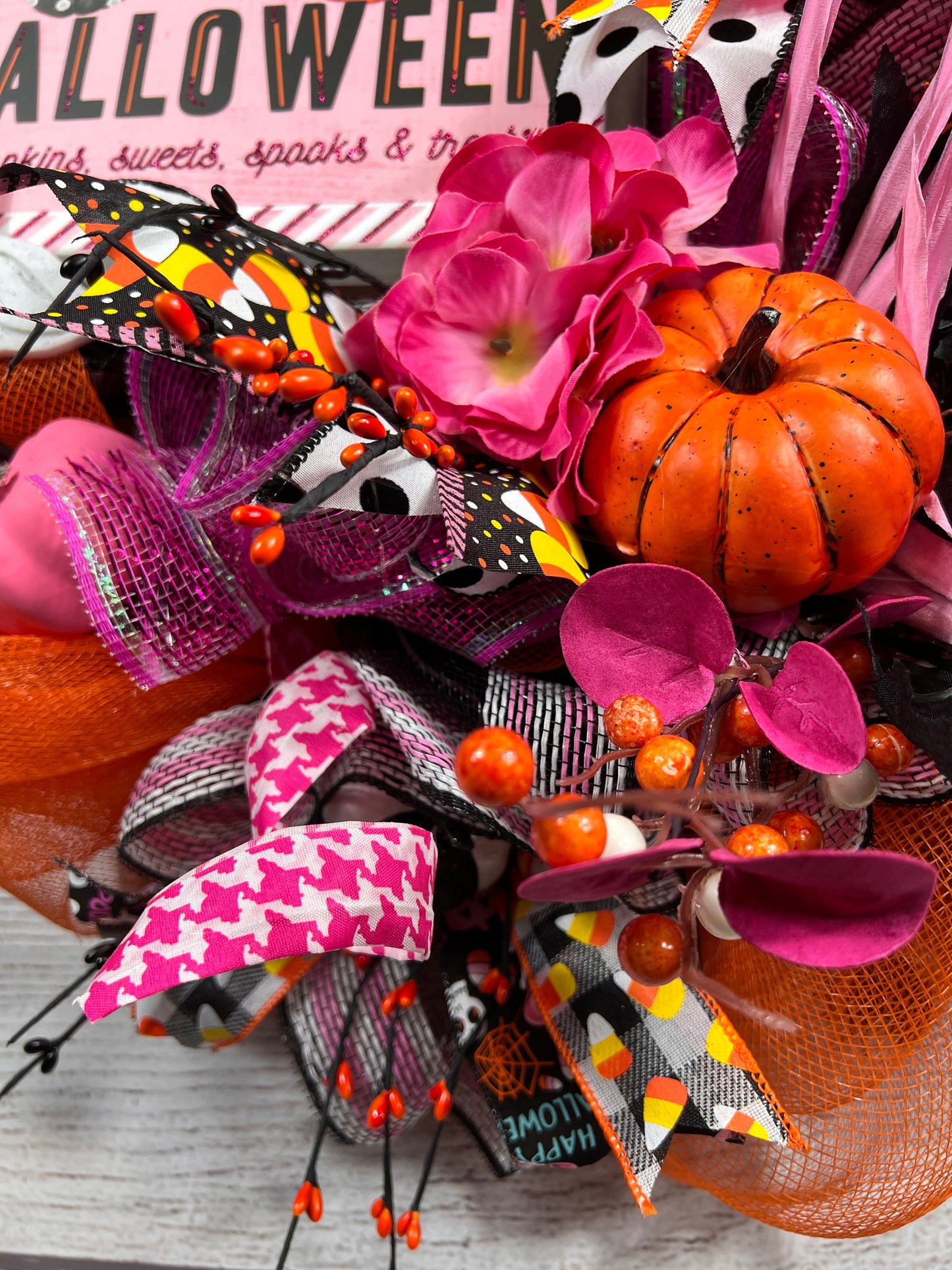 Pink Halloween Wreath: Handmade Spooky Ghosts & Pumpkins Decor
