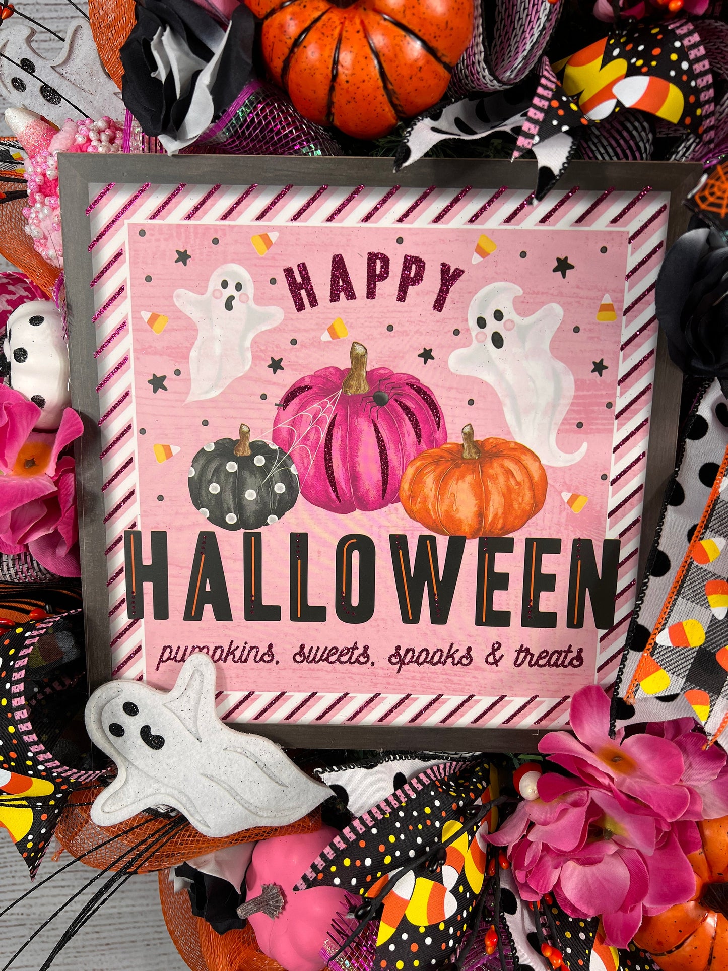 Pink Halloween Wreath: Handmade Spooky Ghosts & Pumpkins Decor