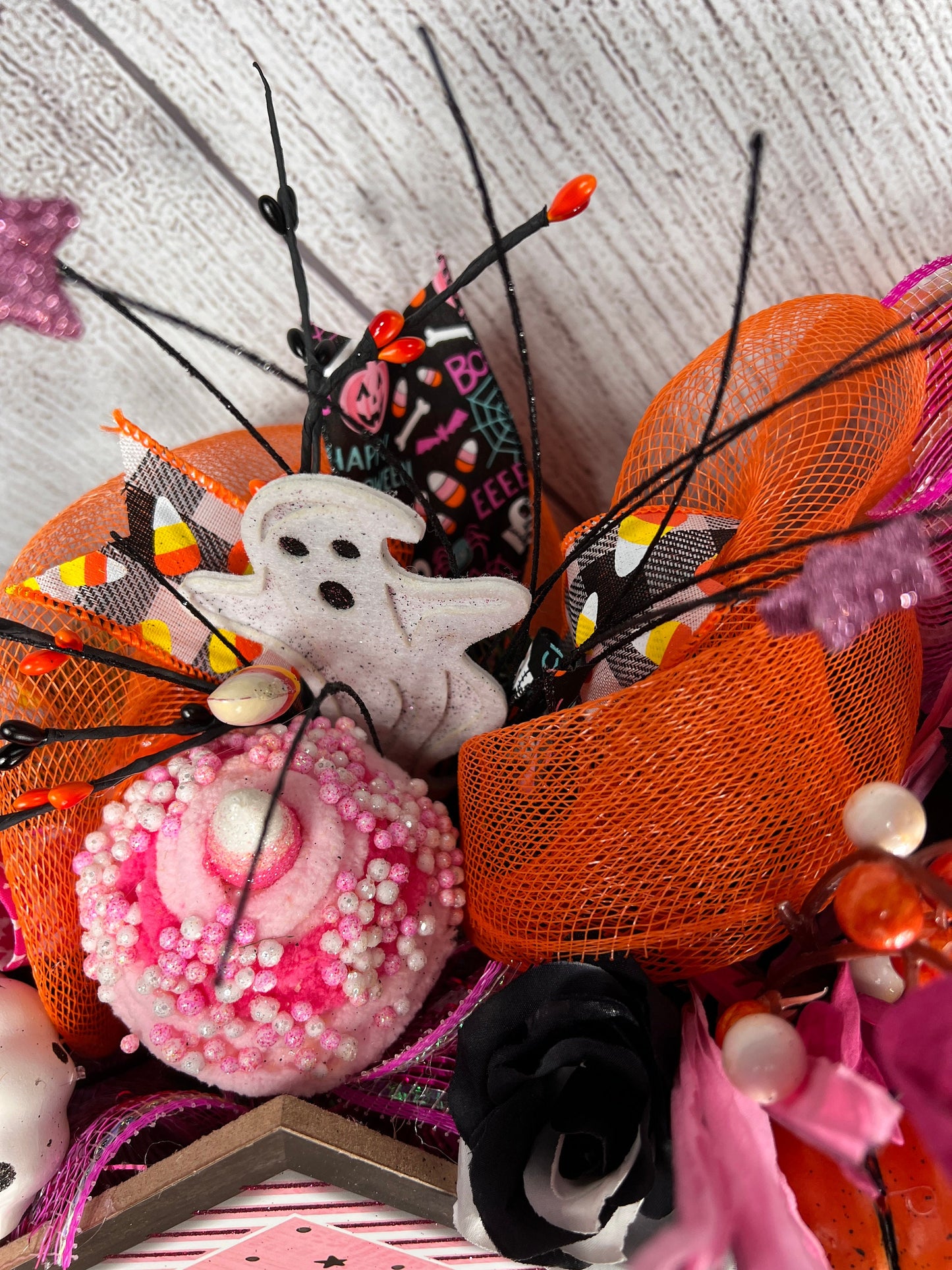 Pink Halloween Wreath: Handmade Spooky Ghosts & Pumpkins Decor