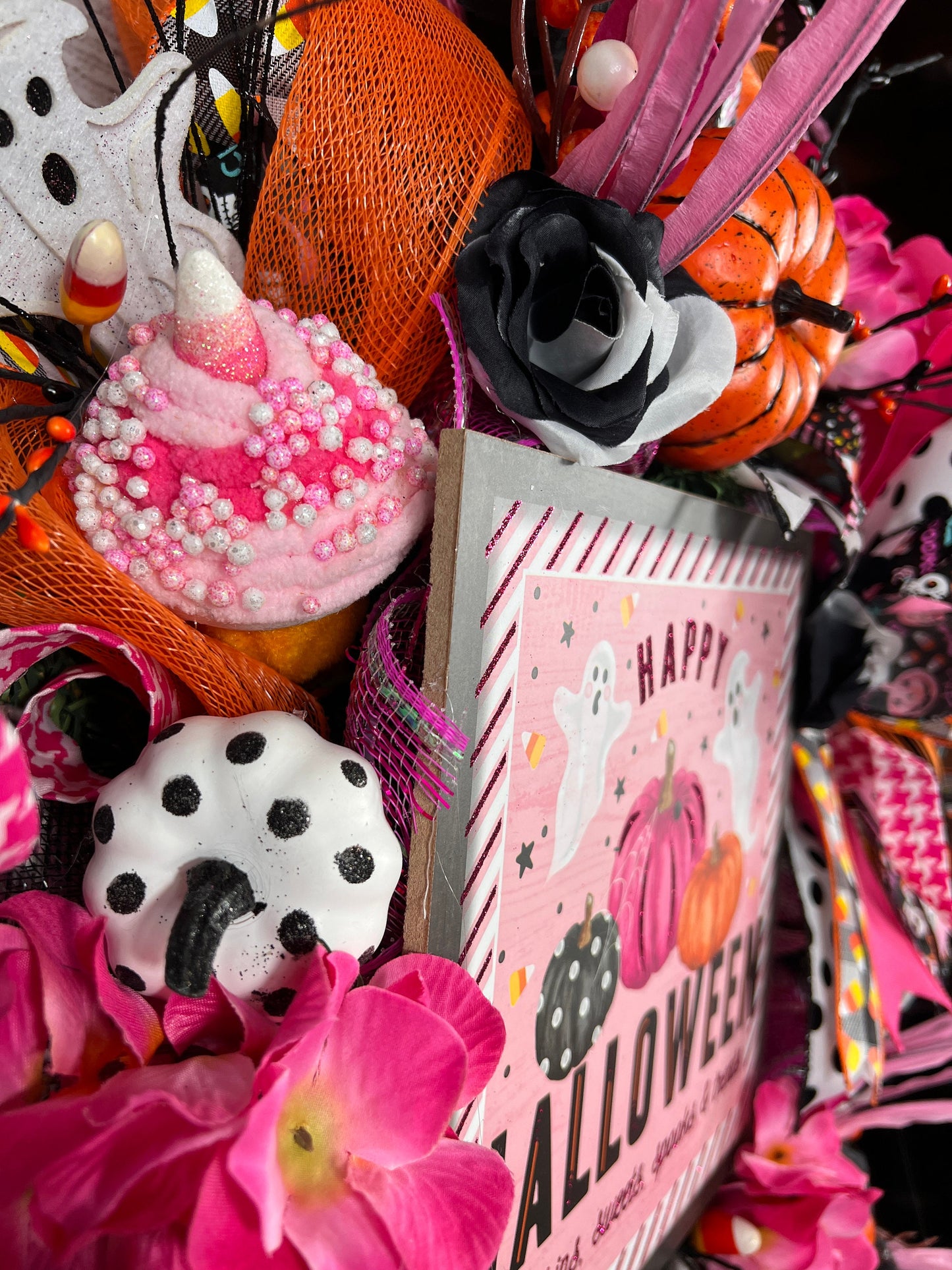 Pink Halloween Wreath: Handmade Spooky Ghosts & Pumpkins Decor