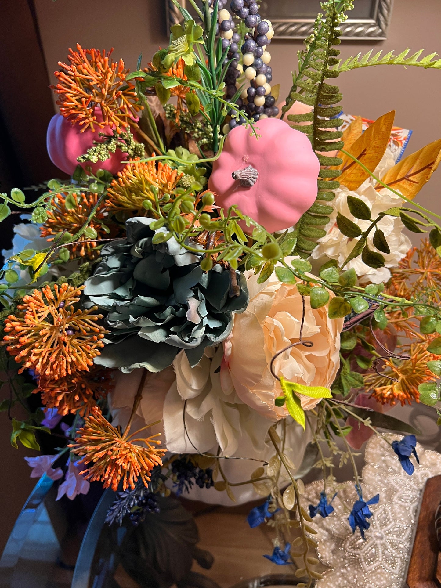Ornamental Pumpkin Centerpiece: Pink & Blue Fall Table Decoration
