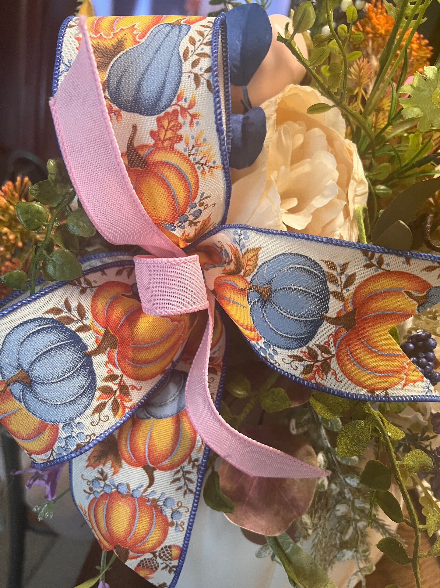Ornamental Pumpkin Centerpiece: Pink & Blue Fall Table Decoration