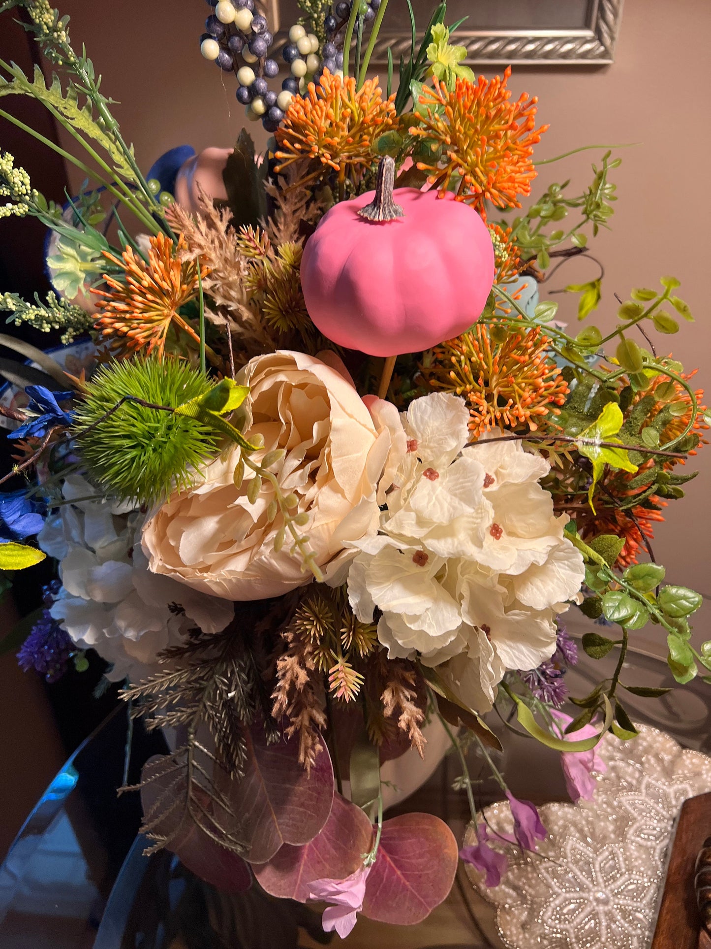 Ornamental Pumpkin Centerpiece: Pink & Blue Fall Table Decoration