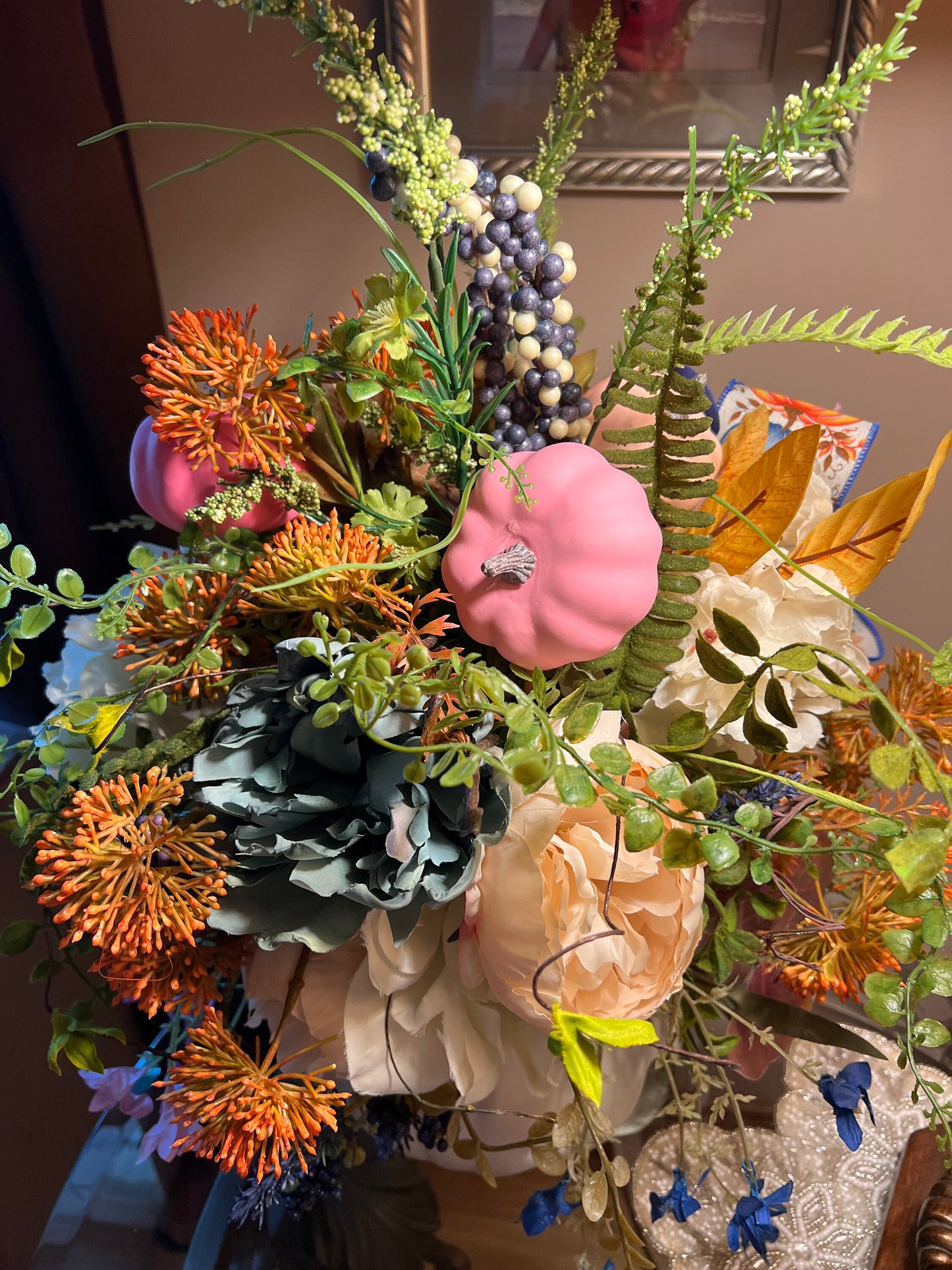 Ornamental Pumpkin Centerpiece: Pink & Blue Fall Table Decoration