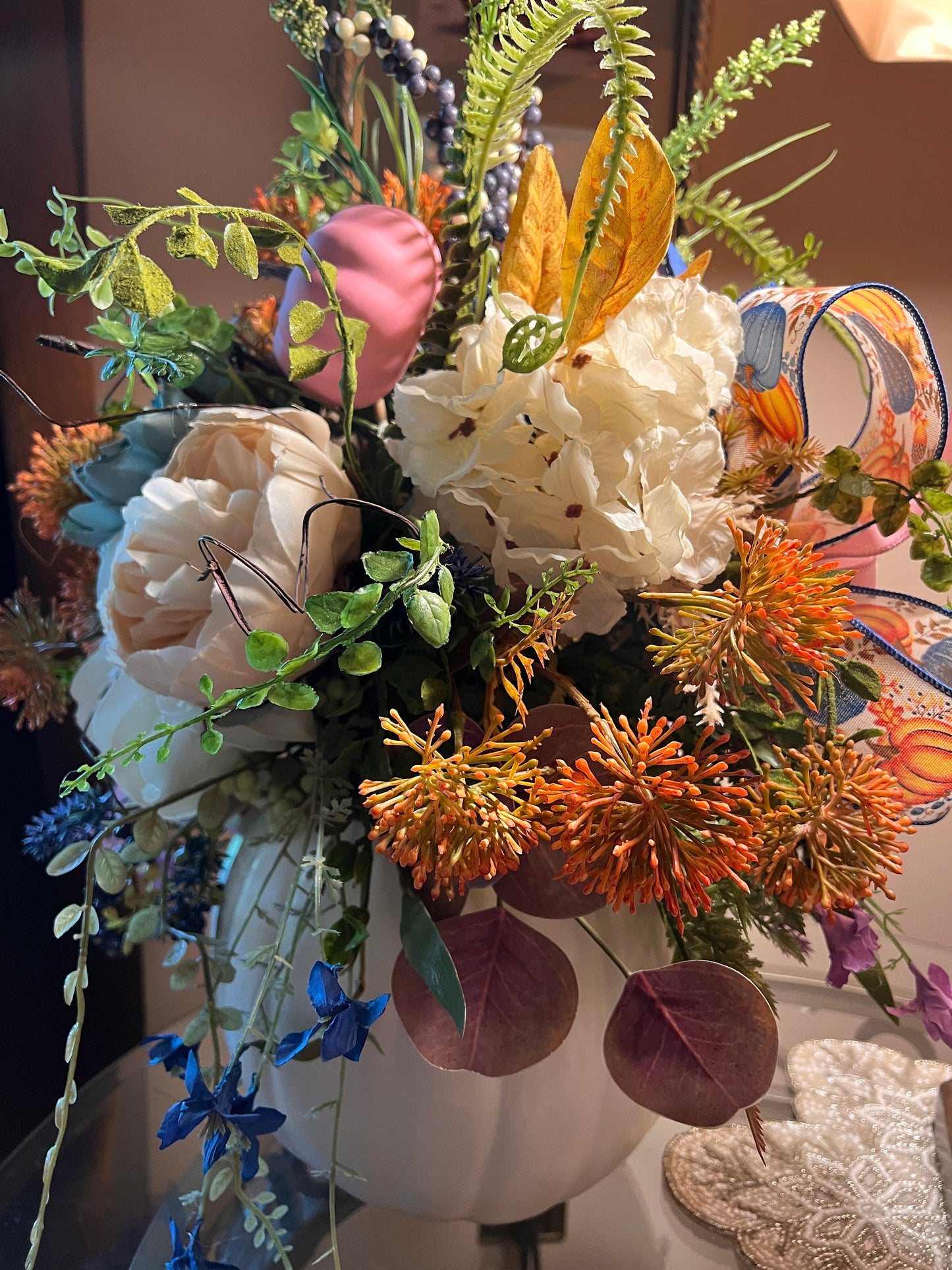Ornamental Pumpkin Centerpiece: Pink & Blue Fall Table Decoration