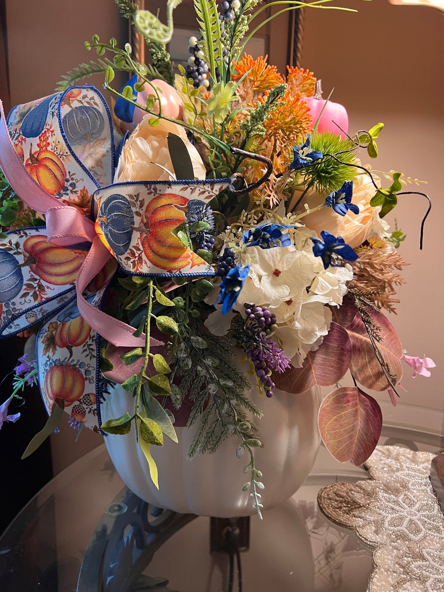 Ornamental Pumpkin Centerpiece: Pink & Blue Fall Table Decoration