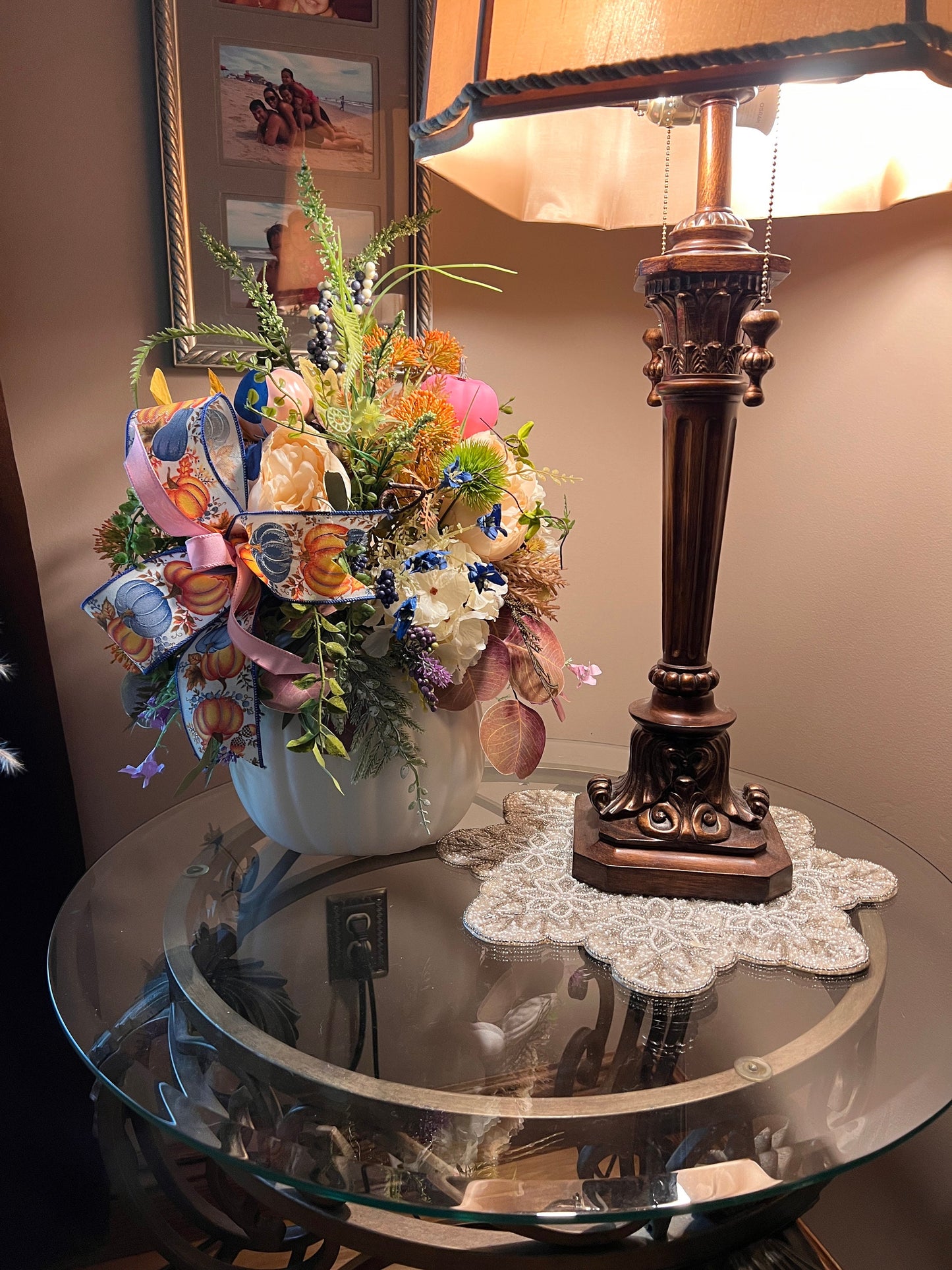 Ornamental Pumpkin Centerpiece: Pink & Blue Fall Table Decoration