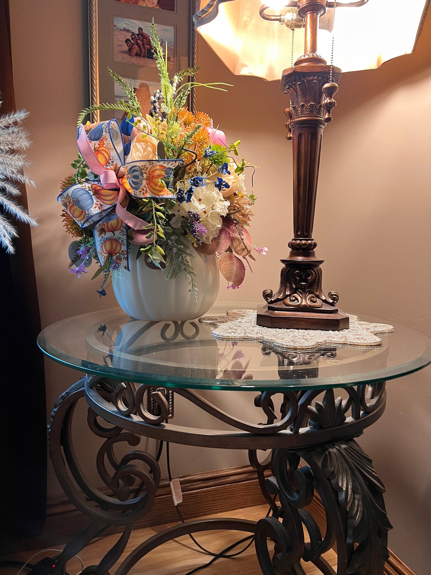 Ornamental Pumpkin Centerpiece: Pink & Blue Fall Table Decoration