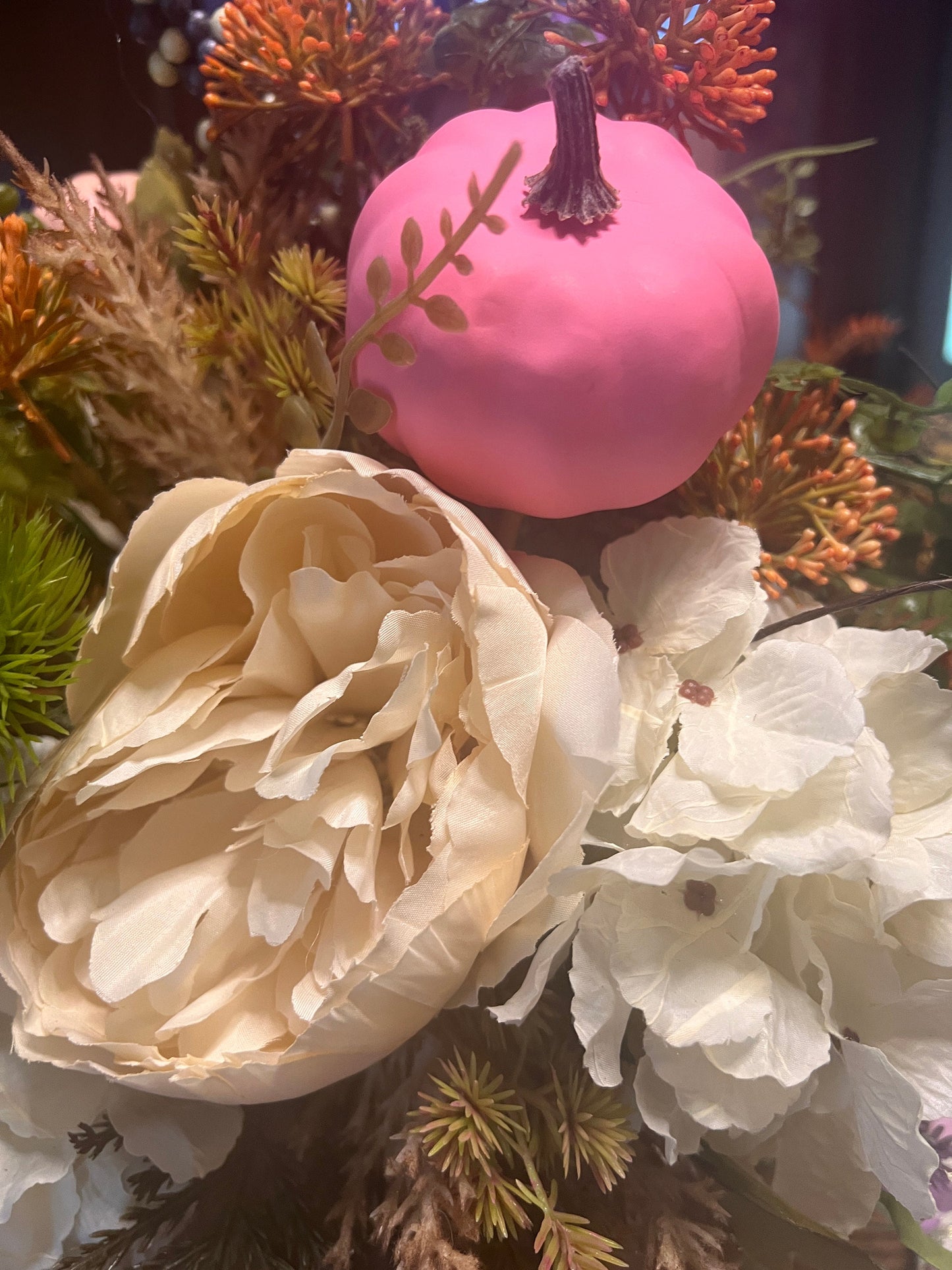 Ornamental Pumpkin Centerpiece: Pink & Blue Fall Table Decoration