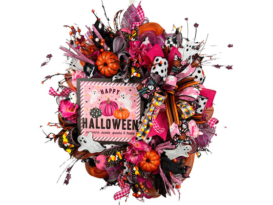 Pink Halloween Wreath: Handmade Spooky Ghosts & Pumpkins Decor