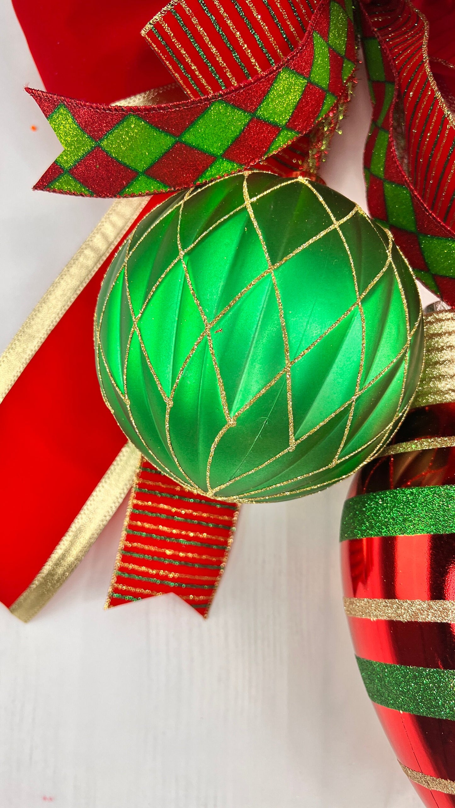 Christmas Bow: Red & Green Shatterproof Ornaments, Holiday Door Decor