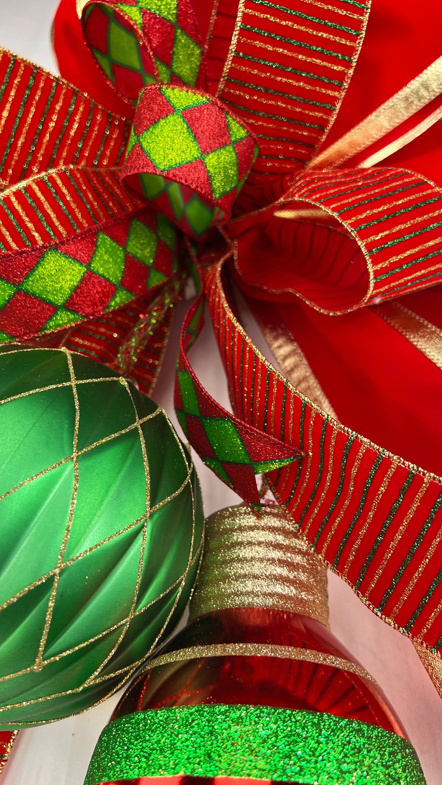 Christmas Bow: Red & Green Shatterproof Ornaments, Holiday Door Decor