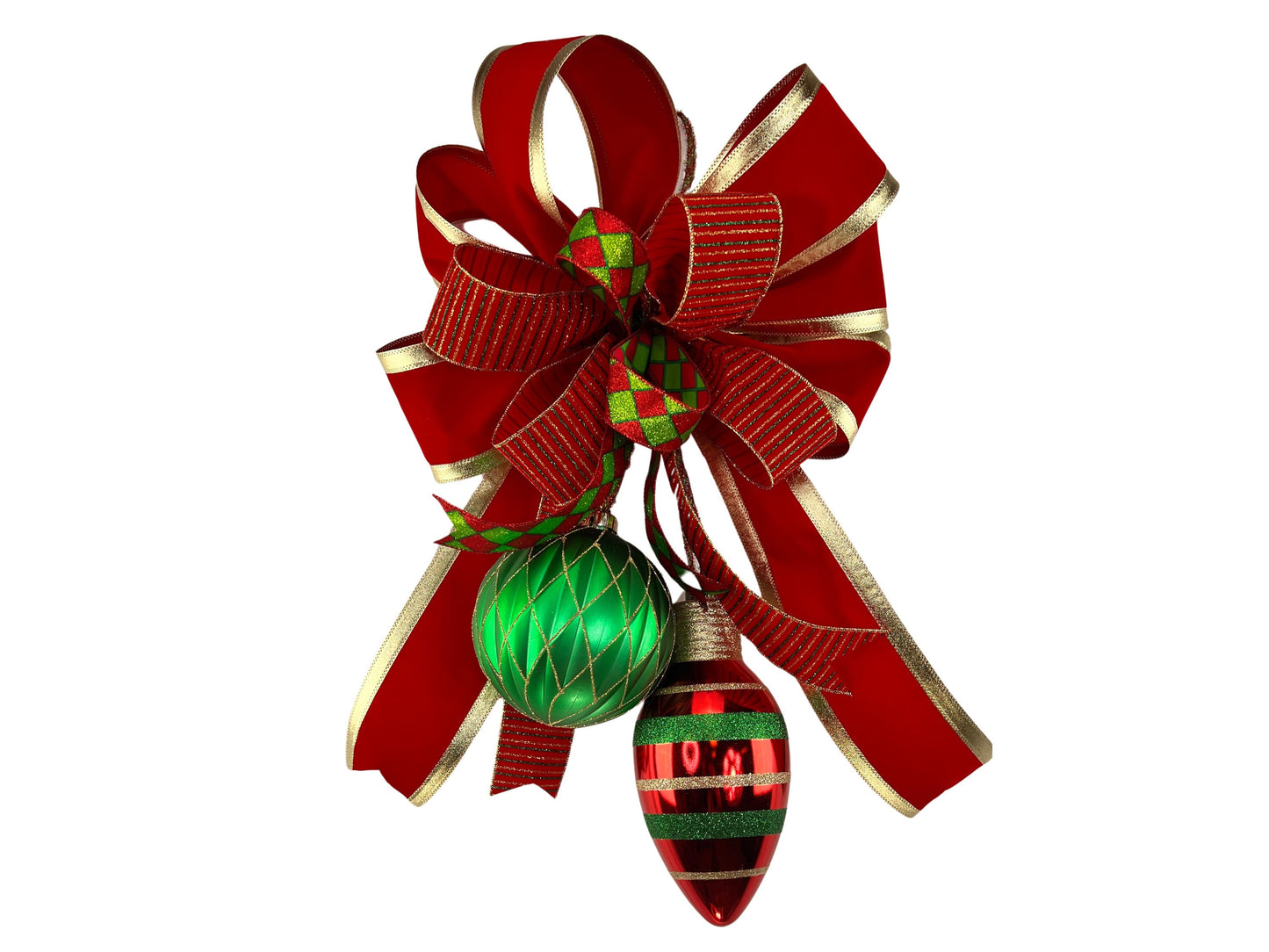 Christmas Bow: Red & Green Shatterproof Ornaments, Holiday Door Decor