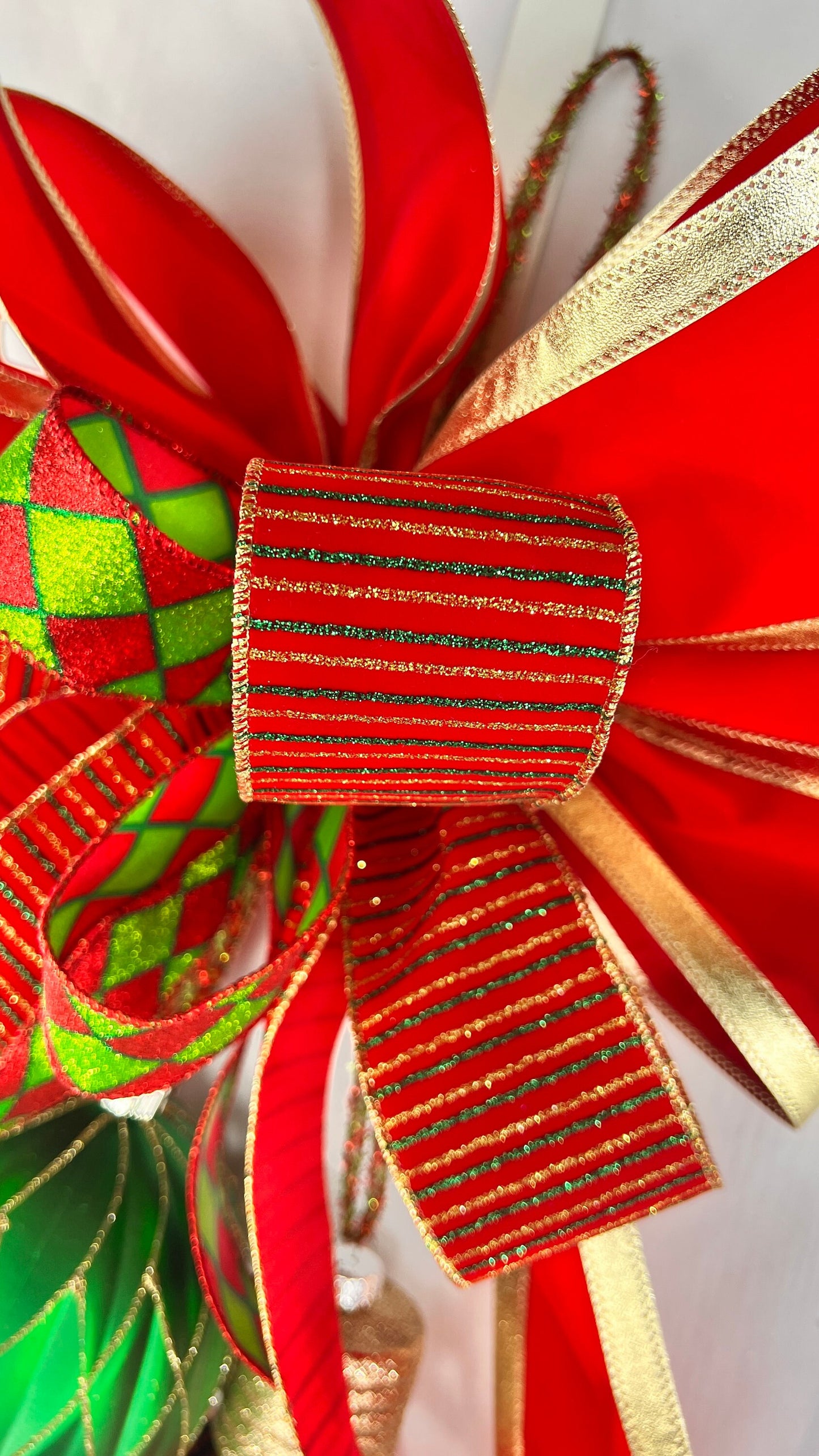 Christmas Bow: Red & Green Shatterproof Ornaments, Holiday Door Decor