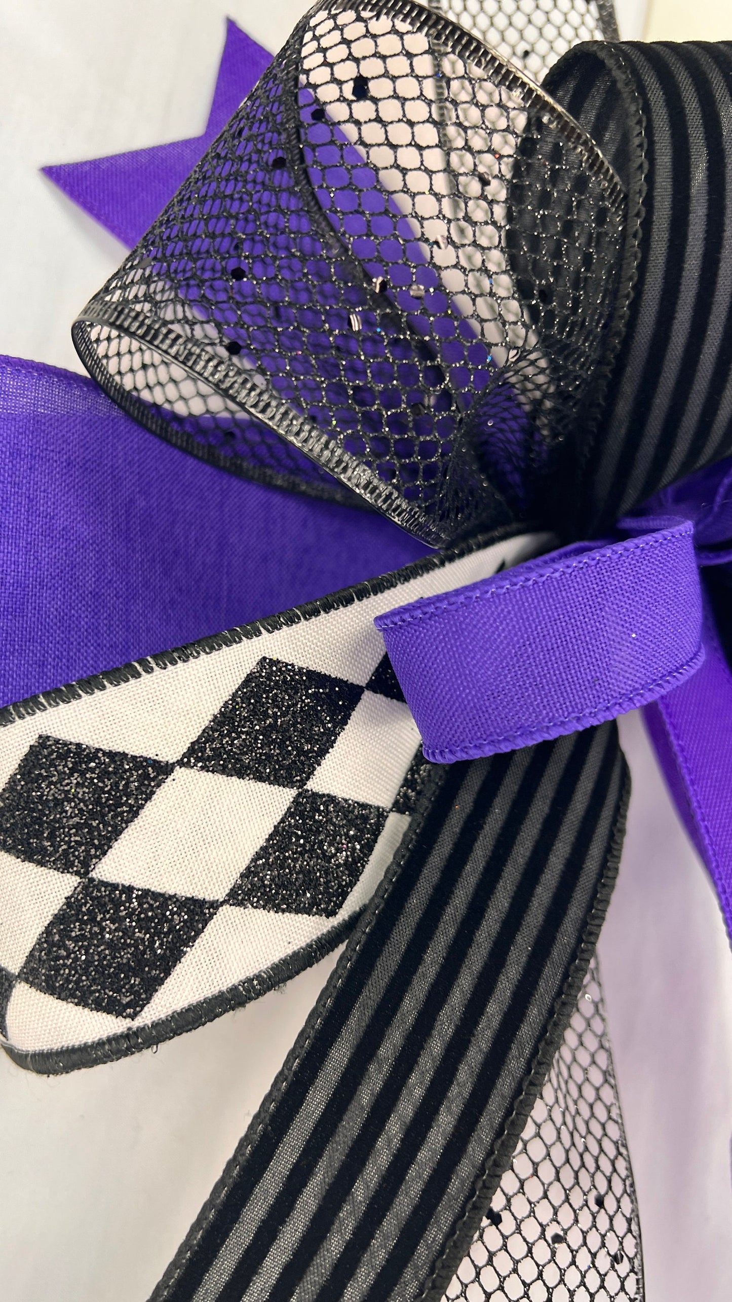 Purple & Black Halloween Bow: Gothic Harlequin Wreath Decor