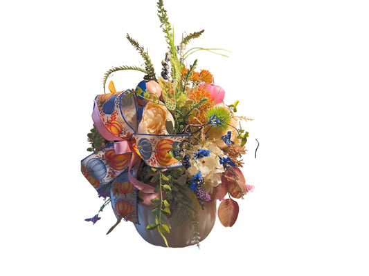 Ornamental Pumpkin Centerpiece: Pink & Blue Fall Table Decoration