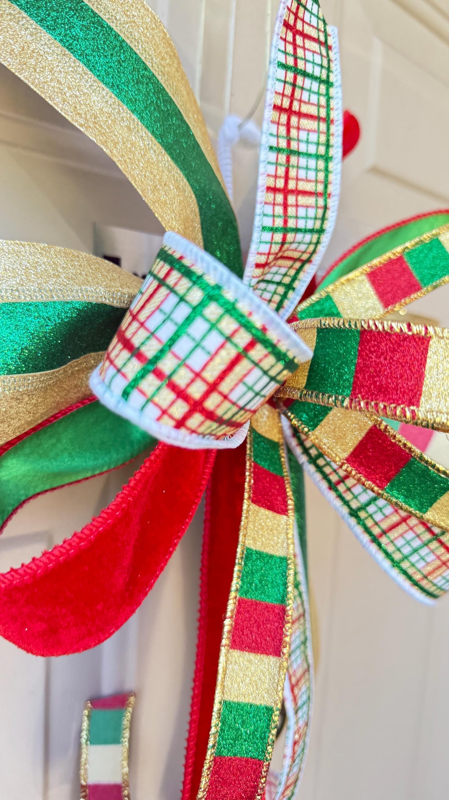 Handmade Plaid Christmas Bow: Red, Green & Gold Glitter Ribbon Tree Topper