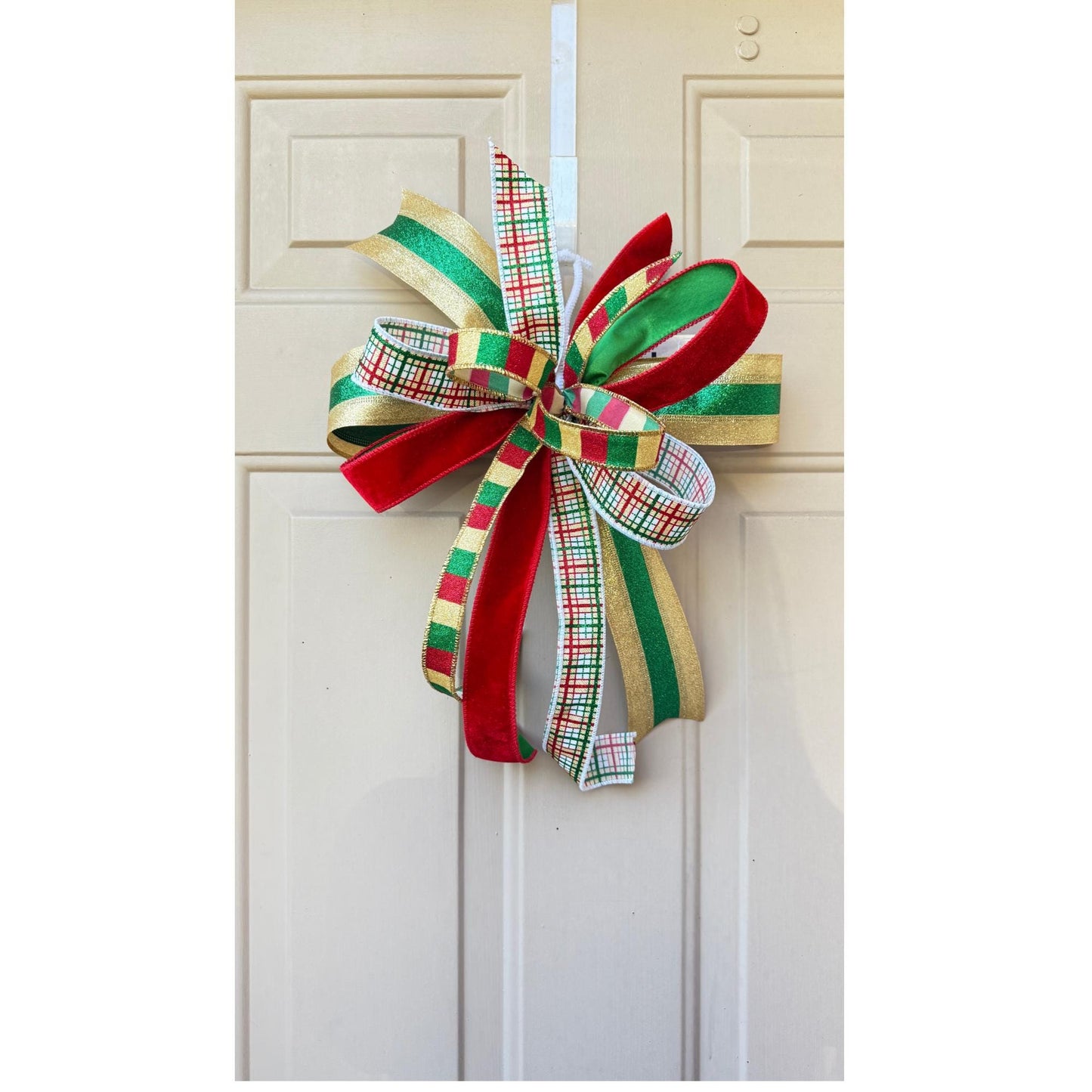 Handmade Plaid Christmas Bow: Red, Green & Gold Glitter Ribbon Tree Topper