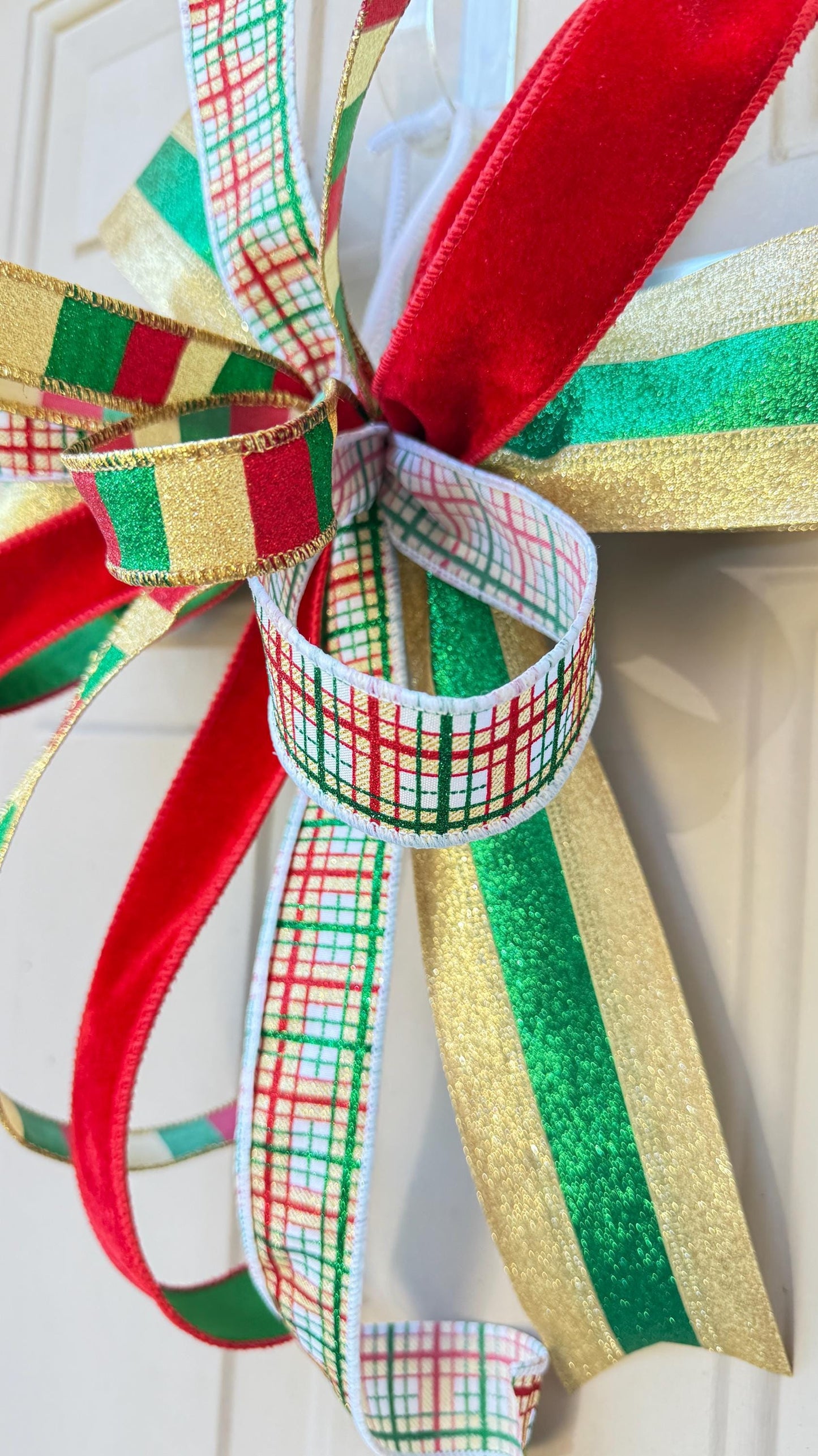 Handmade Plaid Christmas Bow: Red, Green & Gold Glitter Ribbon Tree Topper