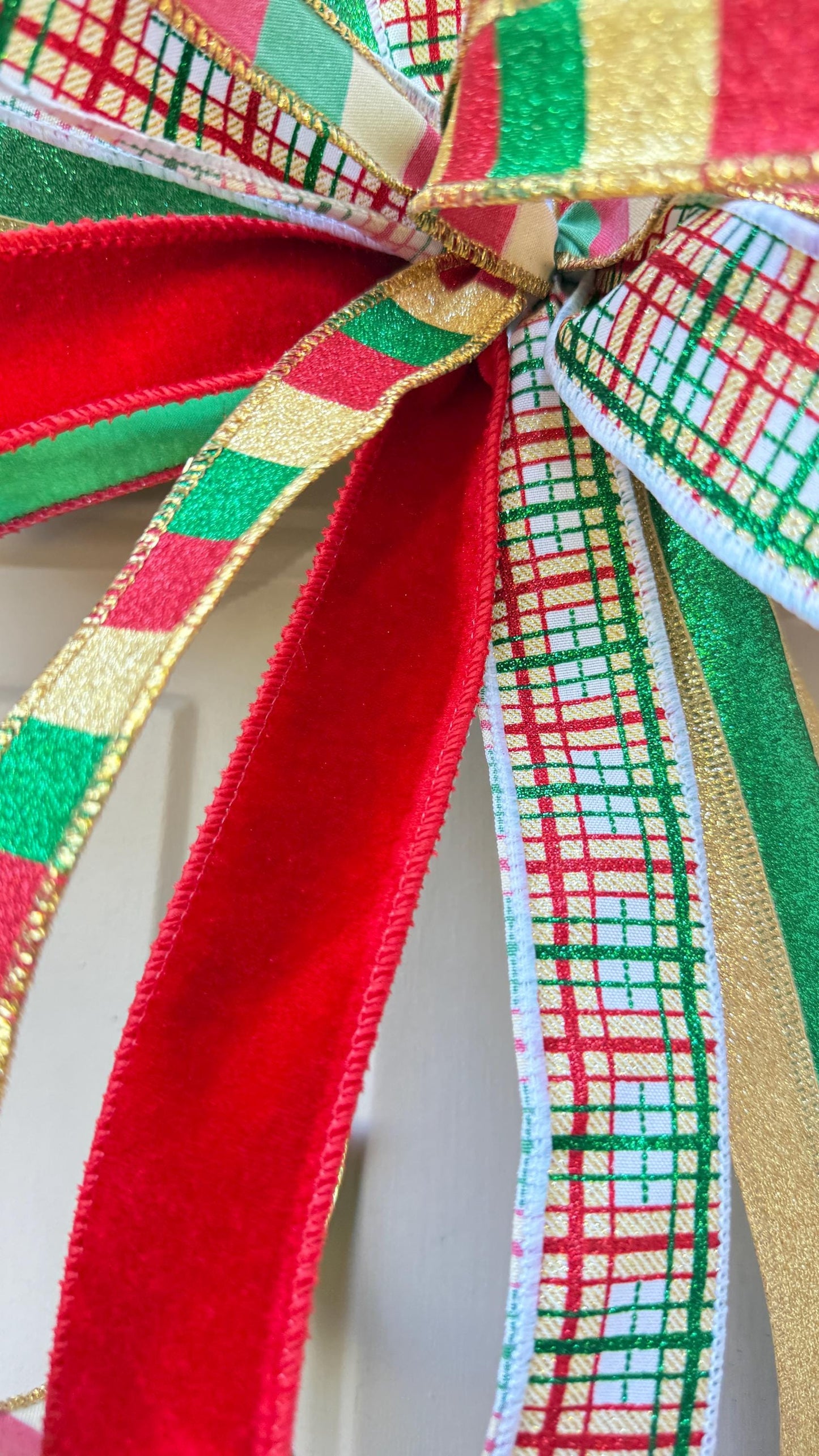 Handmade Plaid Christmas Bow: Red, Green & Gold Glitter Ribbon Tree Topper