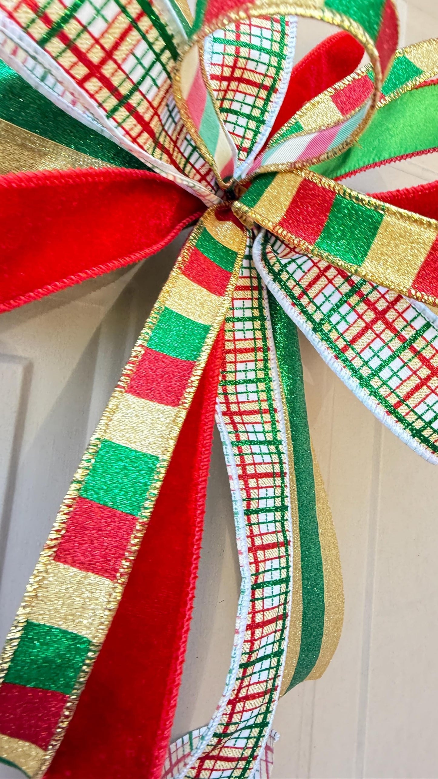 Handmade Plaid Christmas Bow: Red, Green & Gold Glitter Ribbon Tree Topper