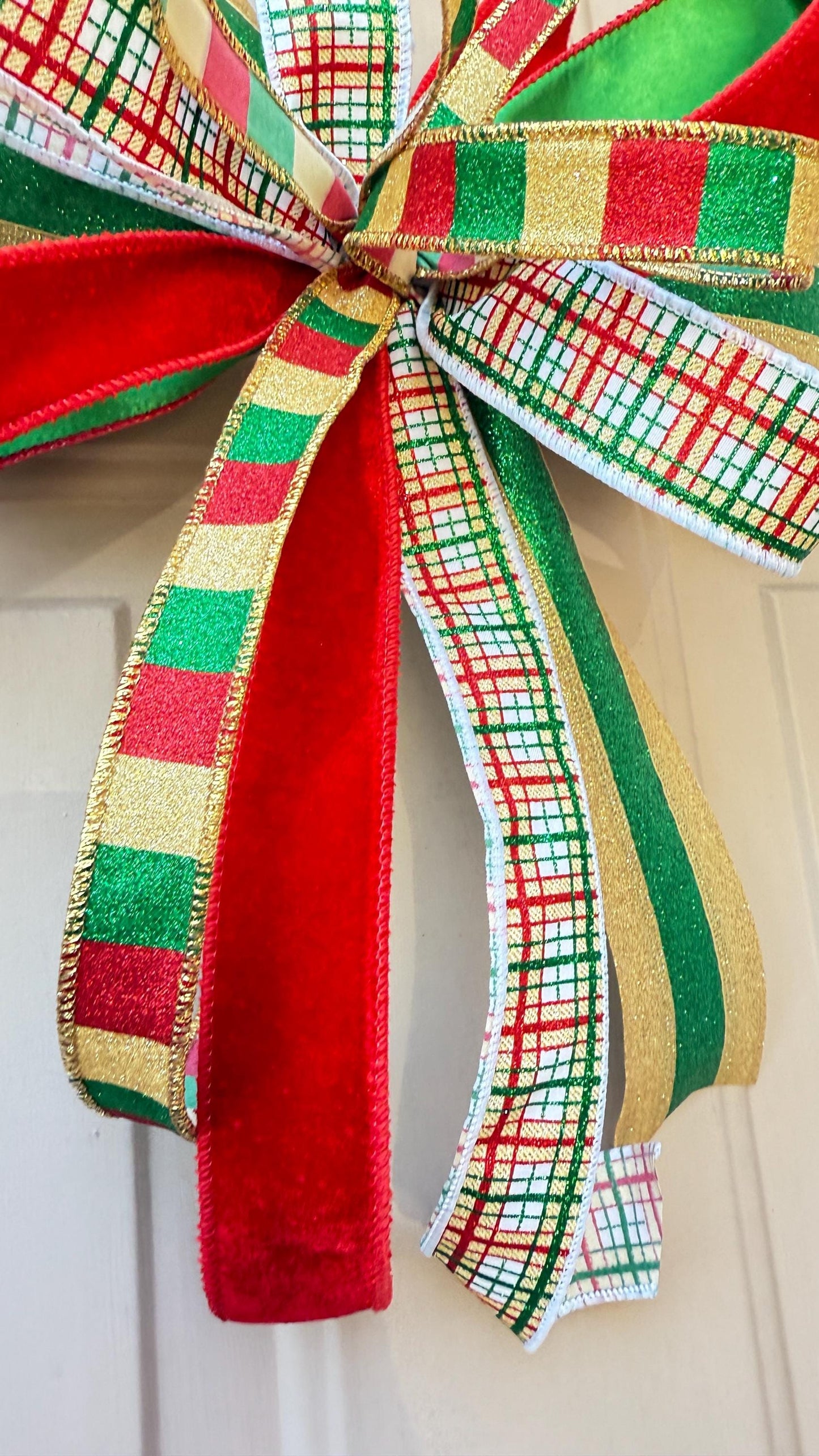 Handmade Plaid Christmas Bow: Red, Green & Gold Glitter Ribbon Tree Topper