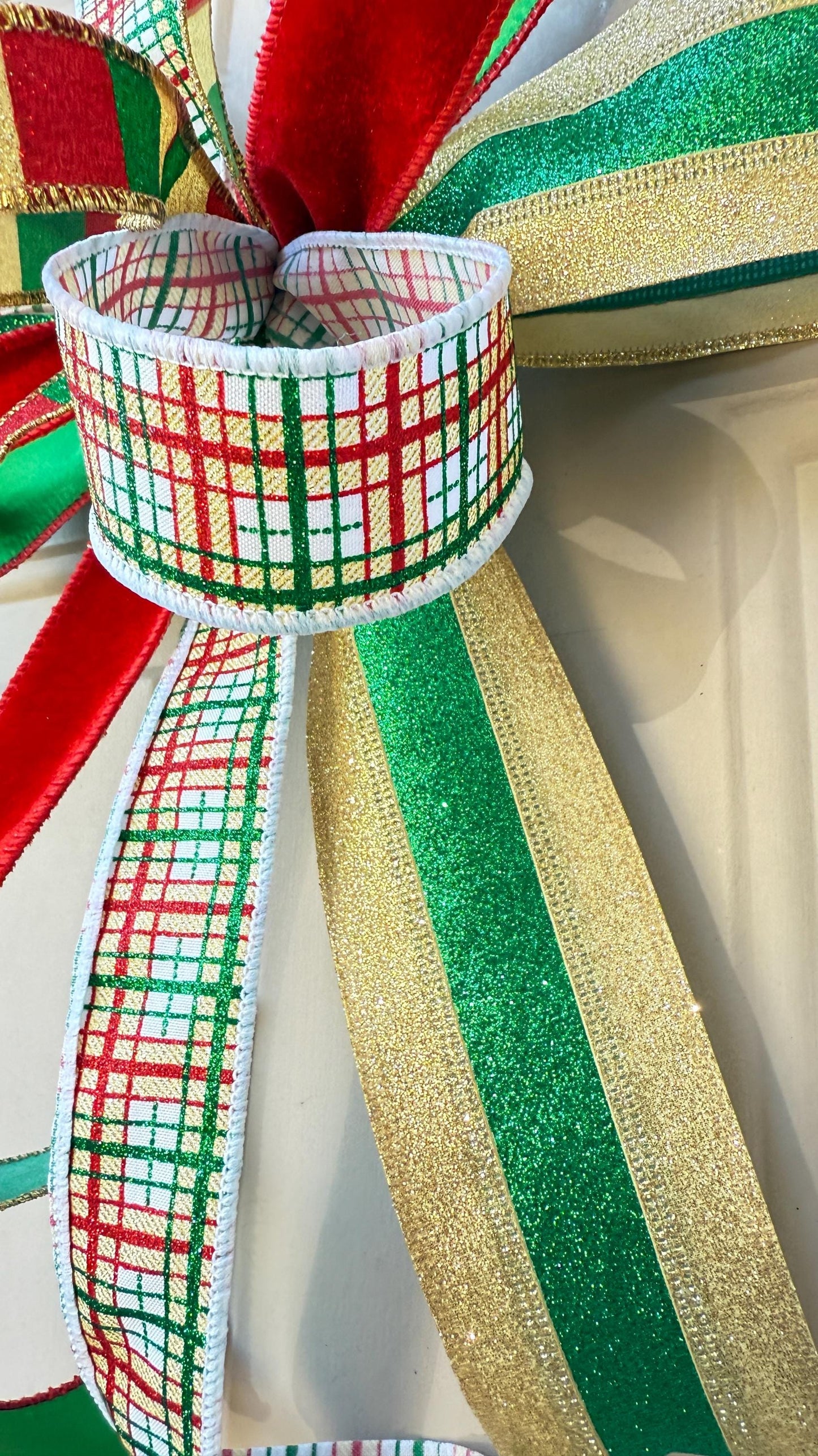 Handmade Plaid Christmas Bow: Red, Green & Gold Glitter Ribbon Tree Topper
