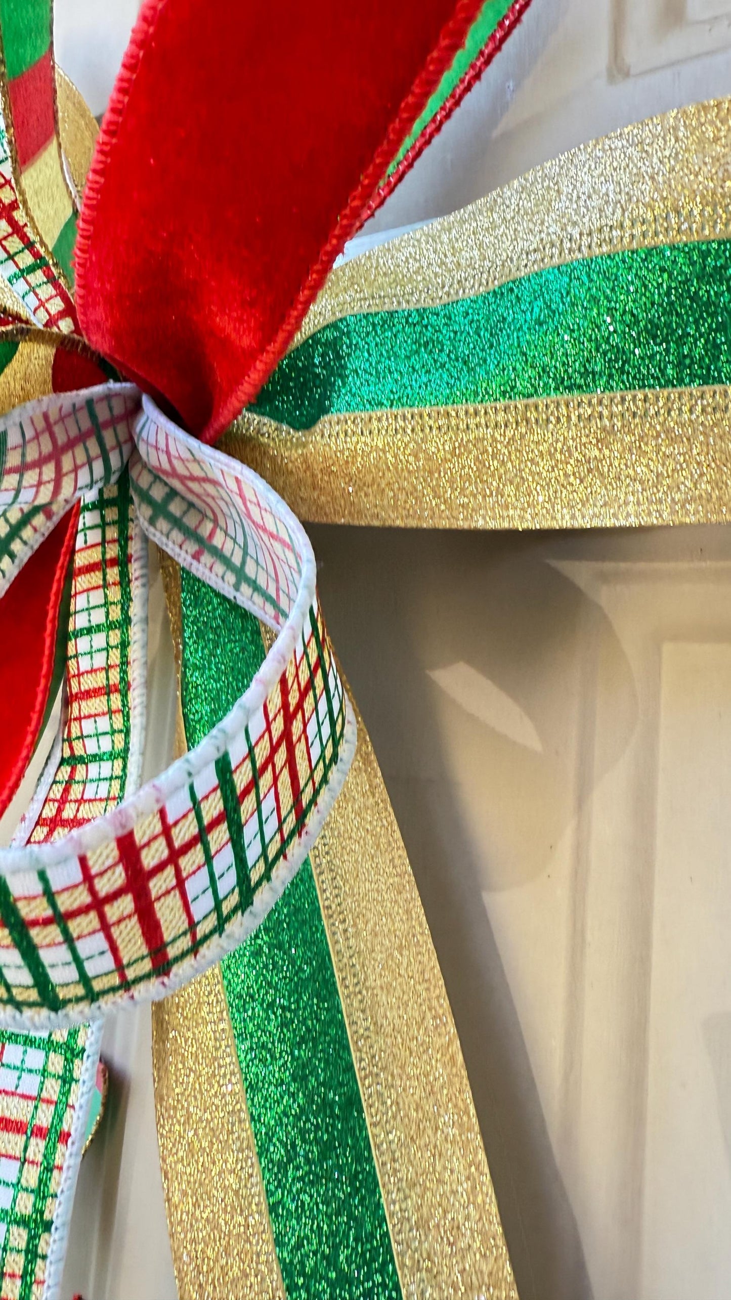 Handmade Plaid Christmas Bow: Red, Green & Gold Glitter Ribbon Tree Topper