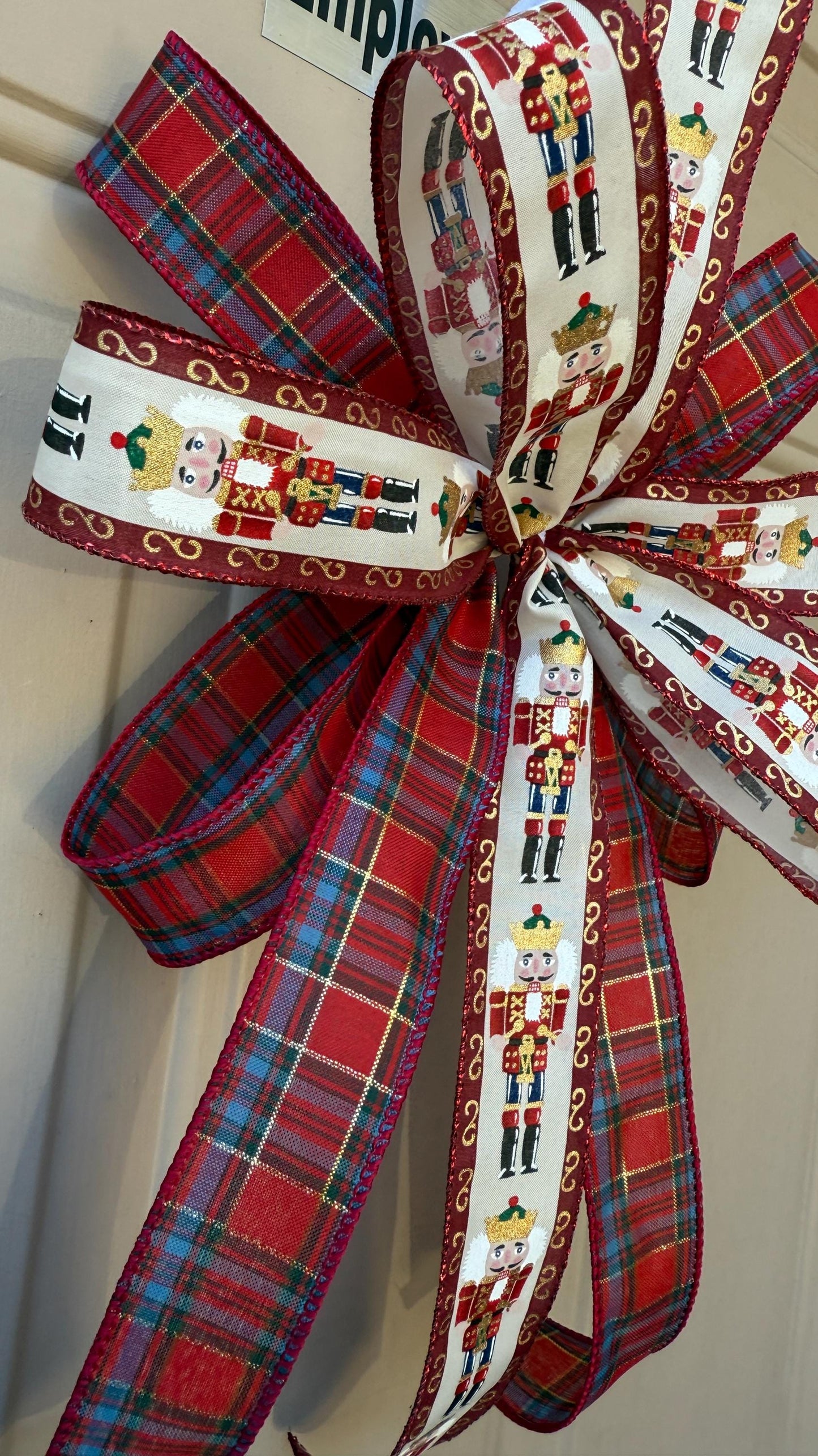 Handmade Nutcracker Christmas Bow: Red Plaid Tree Topper