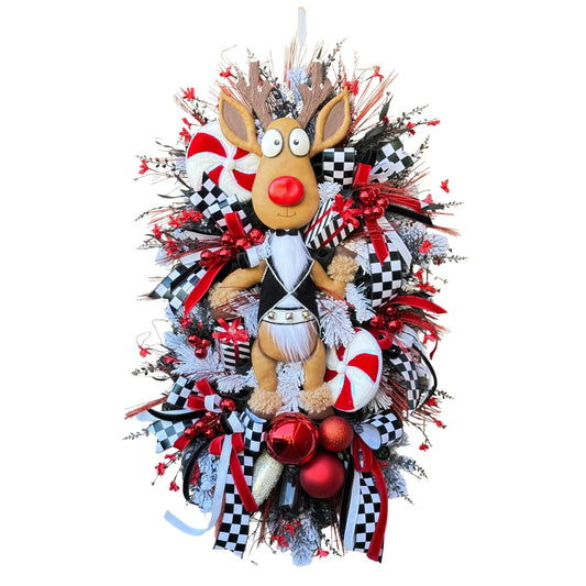 XL Red  Black Reindeer Christmas Swag  Designer Holiday Door piece