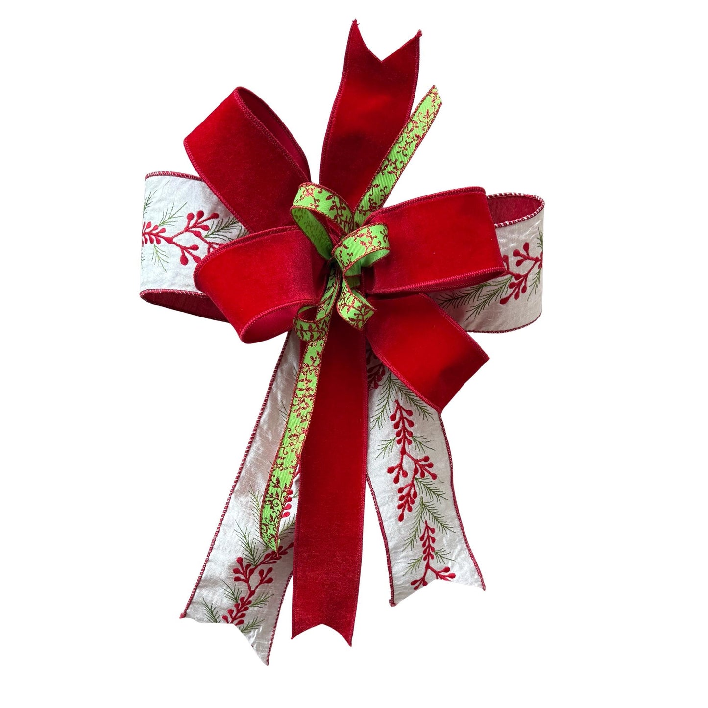 Velvet Christmas Bow for Wreath, Red White Green Holiday Bow with Pine Print