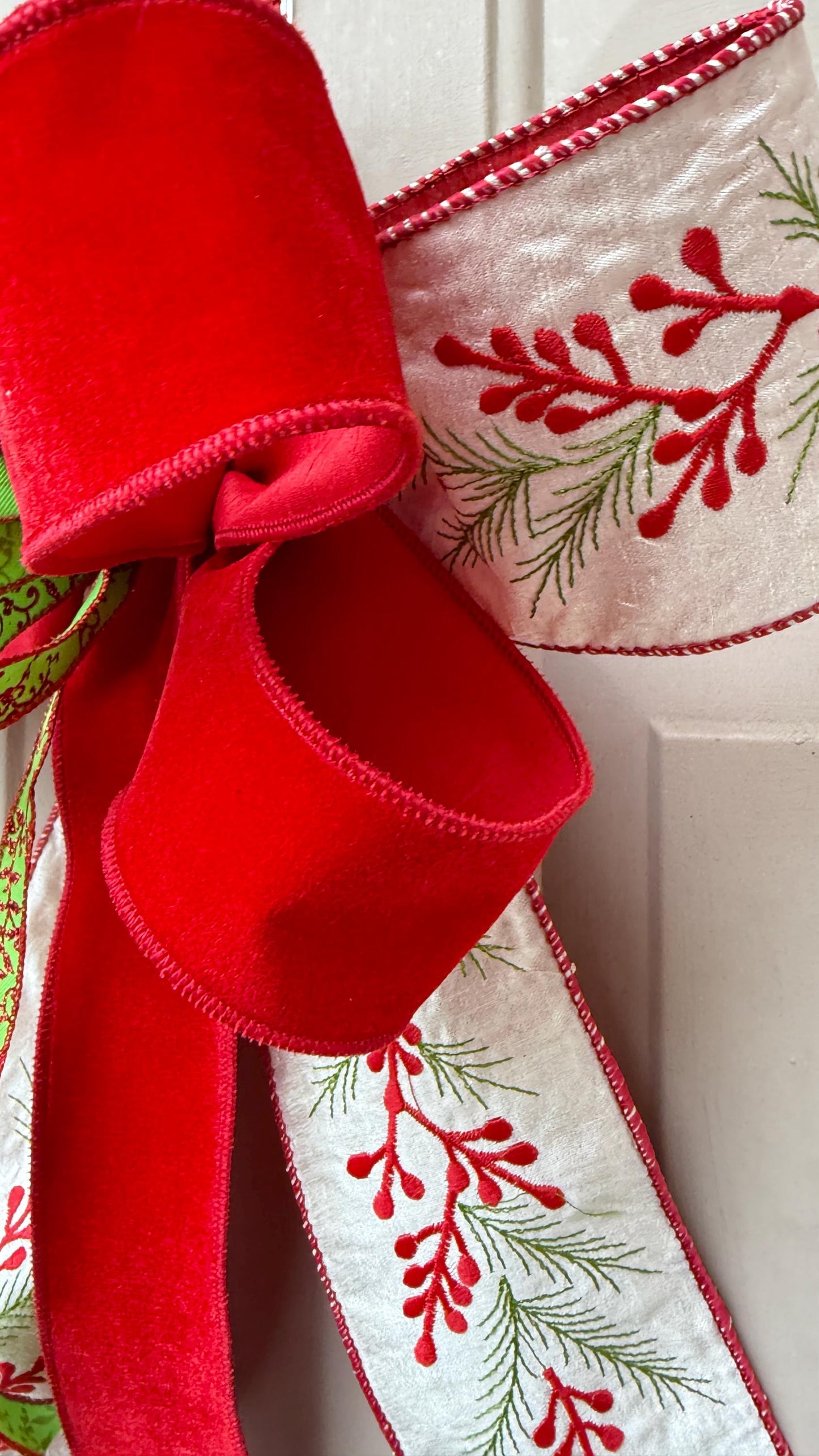 Velvet Christmas Bow for Wreath, Red White Green Holiday Bow with Pine Print