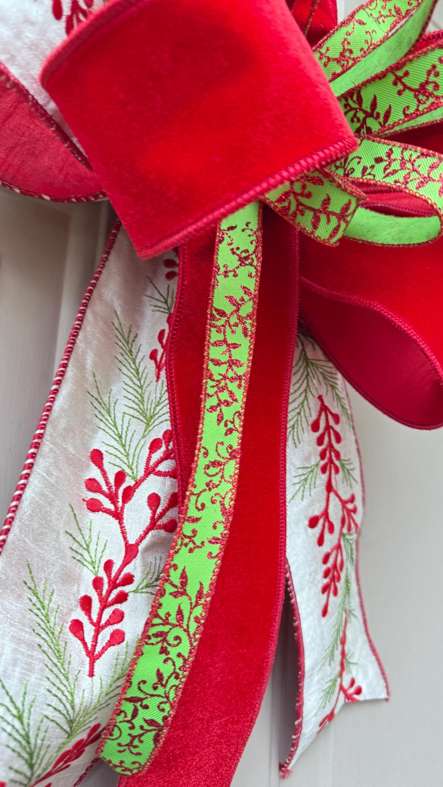 Velvet Christmas Bow for Wreath, Red White Green Holiday Bow with Pine Print