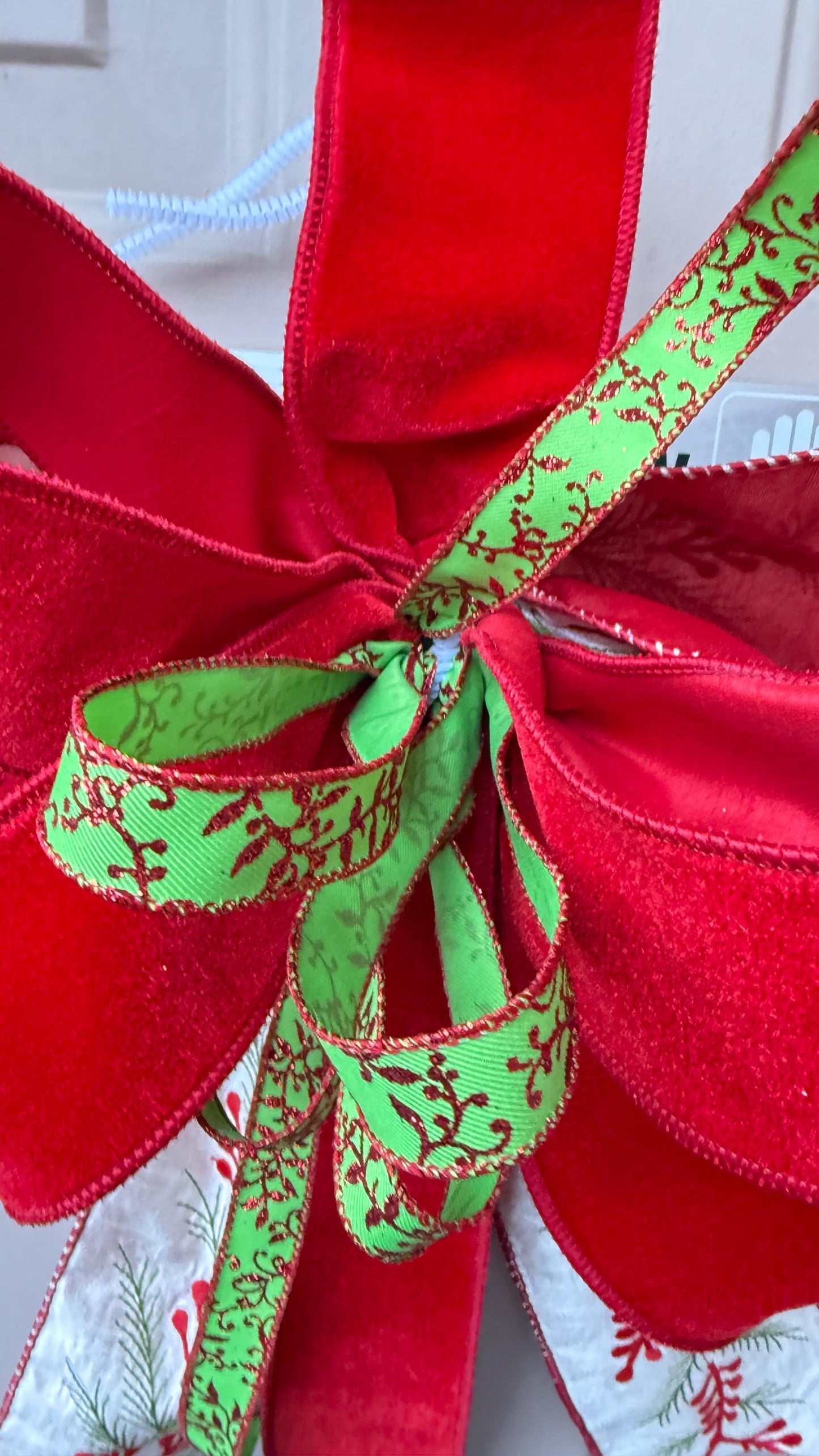 Velvet Christmas Bow for Wreath, Red White Green Holiday Bow with Pine Print