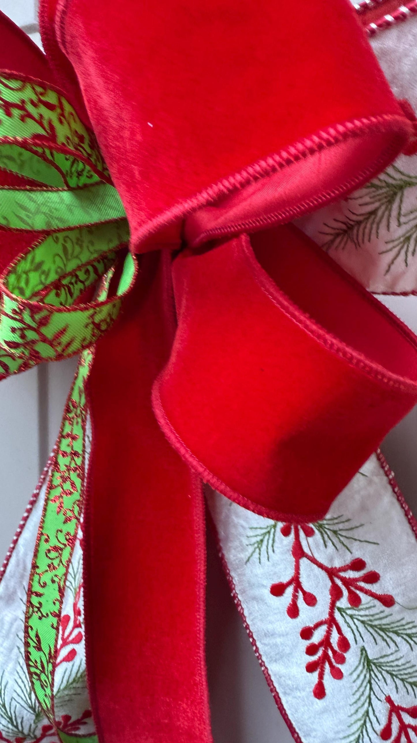 Velvet Christmas Bow for Wreath, Red White Green Holiday Bow with Pine Print