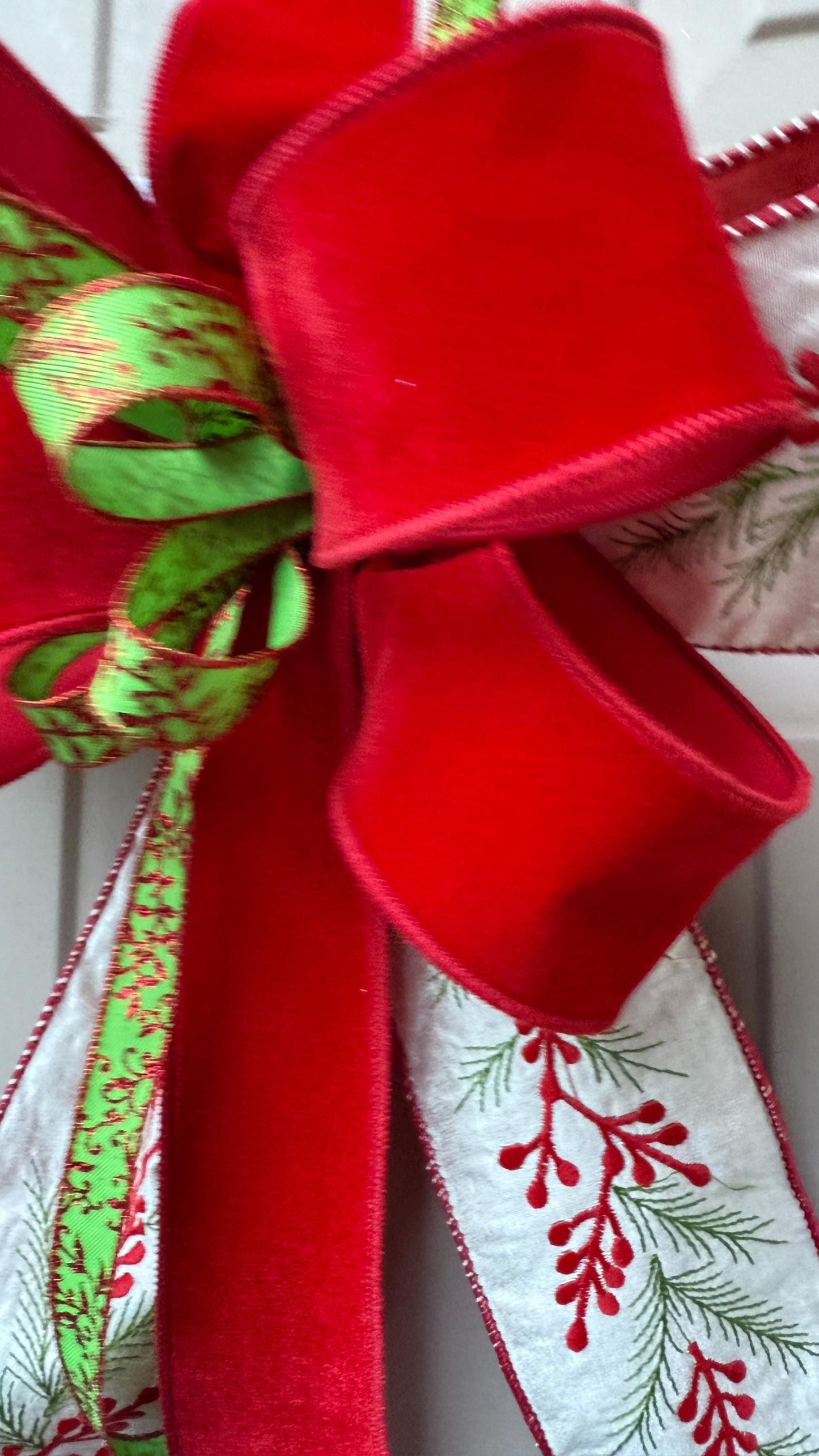 Velvet Christmas Bow for Wreath, Red White Green Holiday Bow with Pine Print